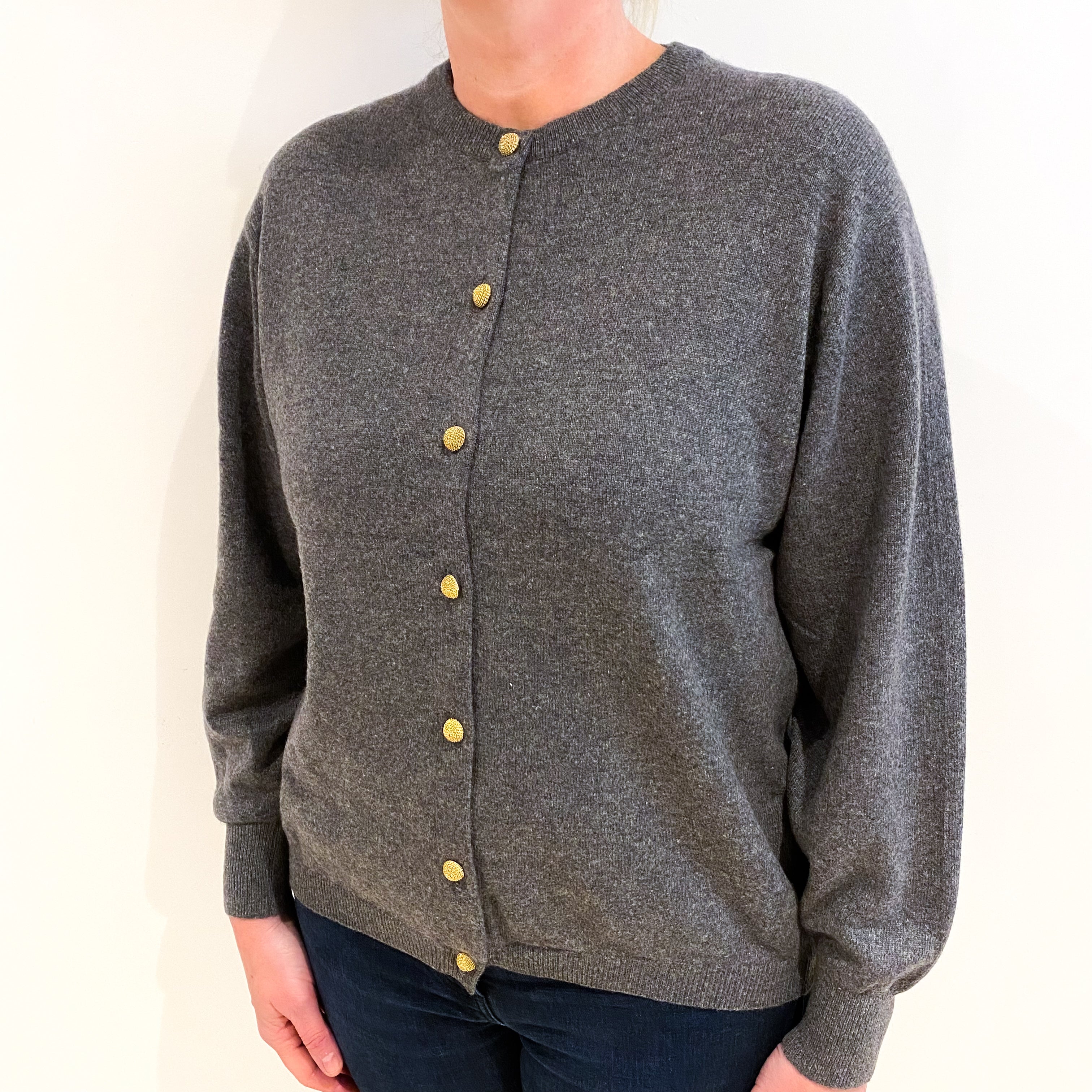 Slate Grey Cashmere Crew Neck Cardigan Large