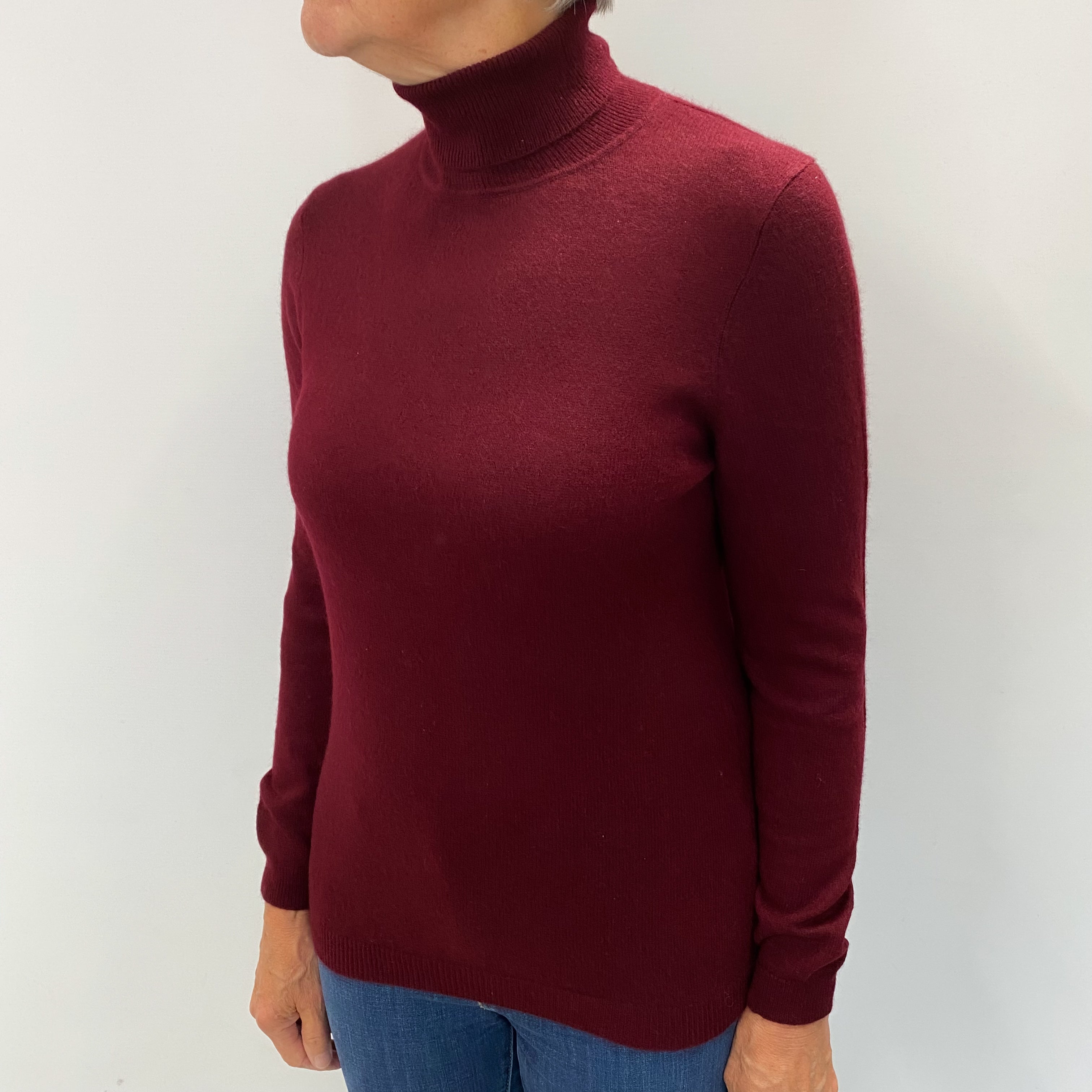 Burgundy Red Cashmere Polo Neck Jumper Medium