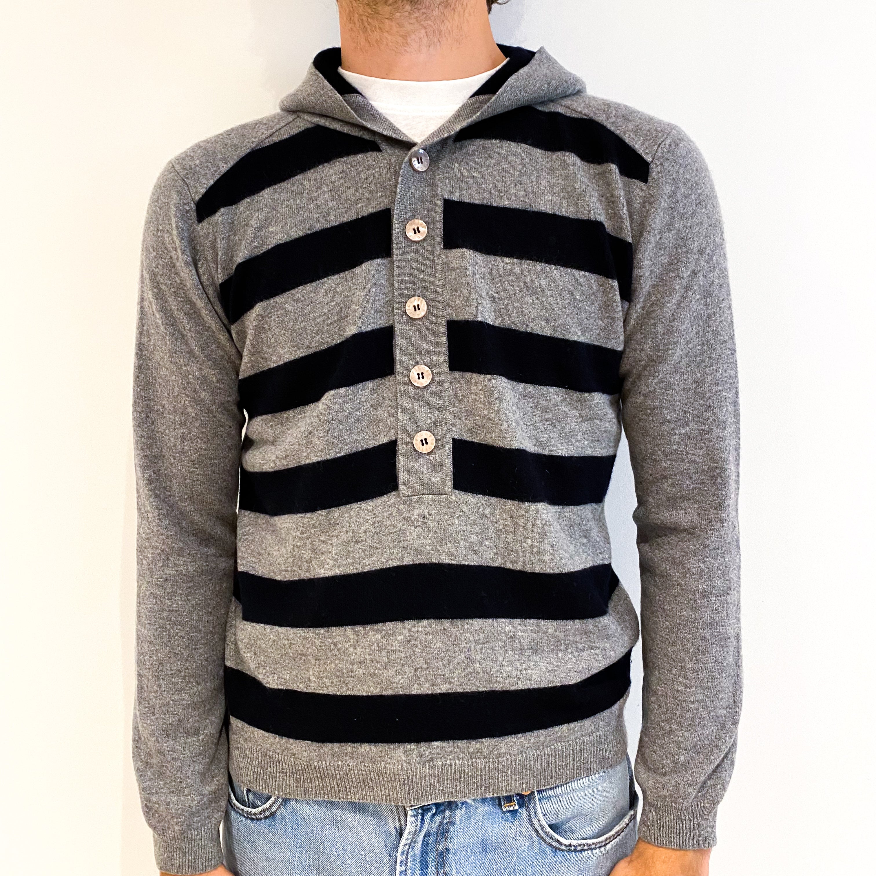 Men's Grey Navy Stripe Motif Cashmere 1/4 Button Hoodie Medium