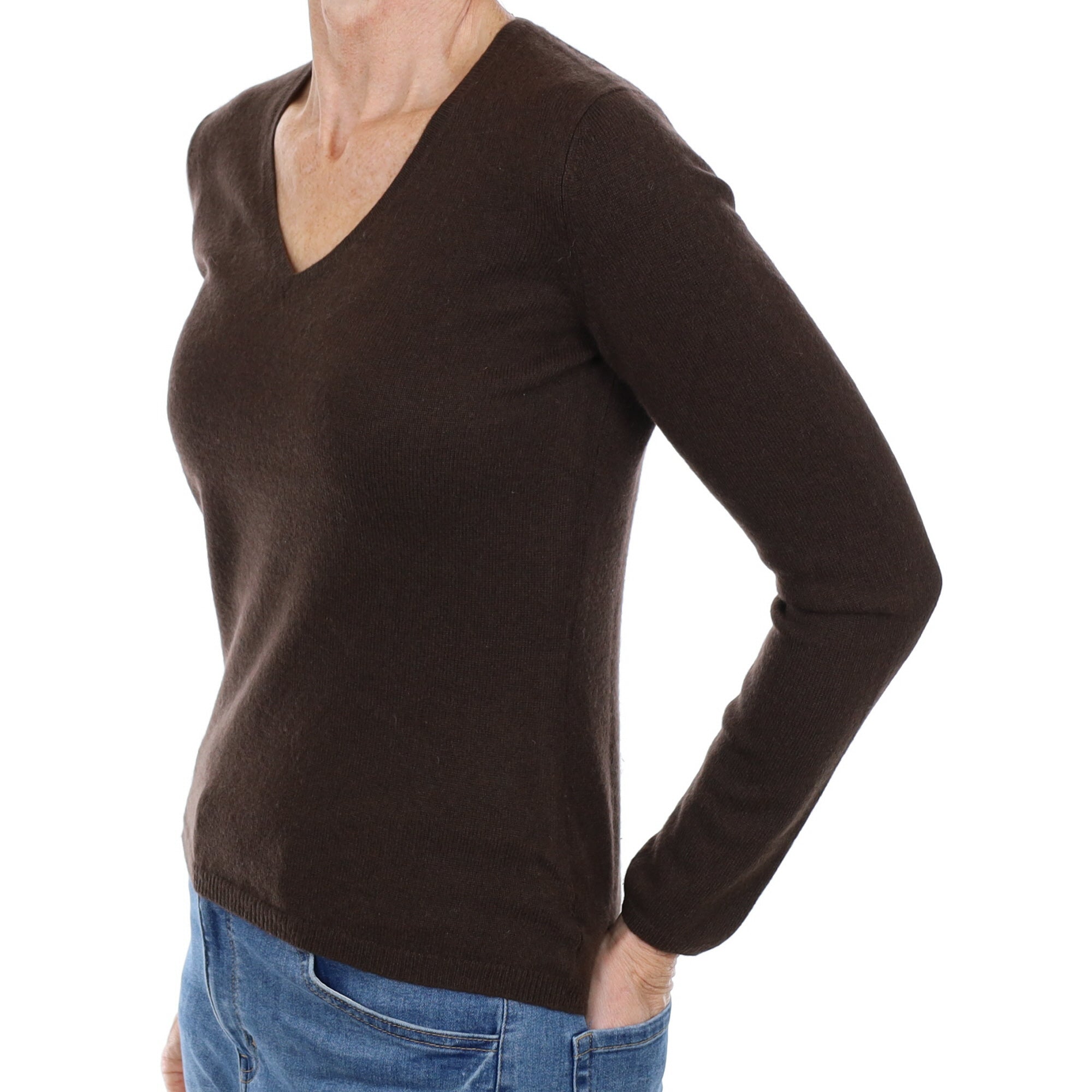 Dark Chocolate Brown Cashmere V Neck Jumper Small