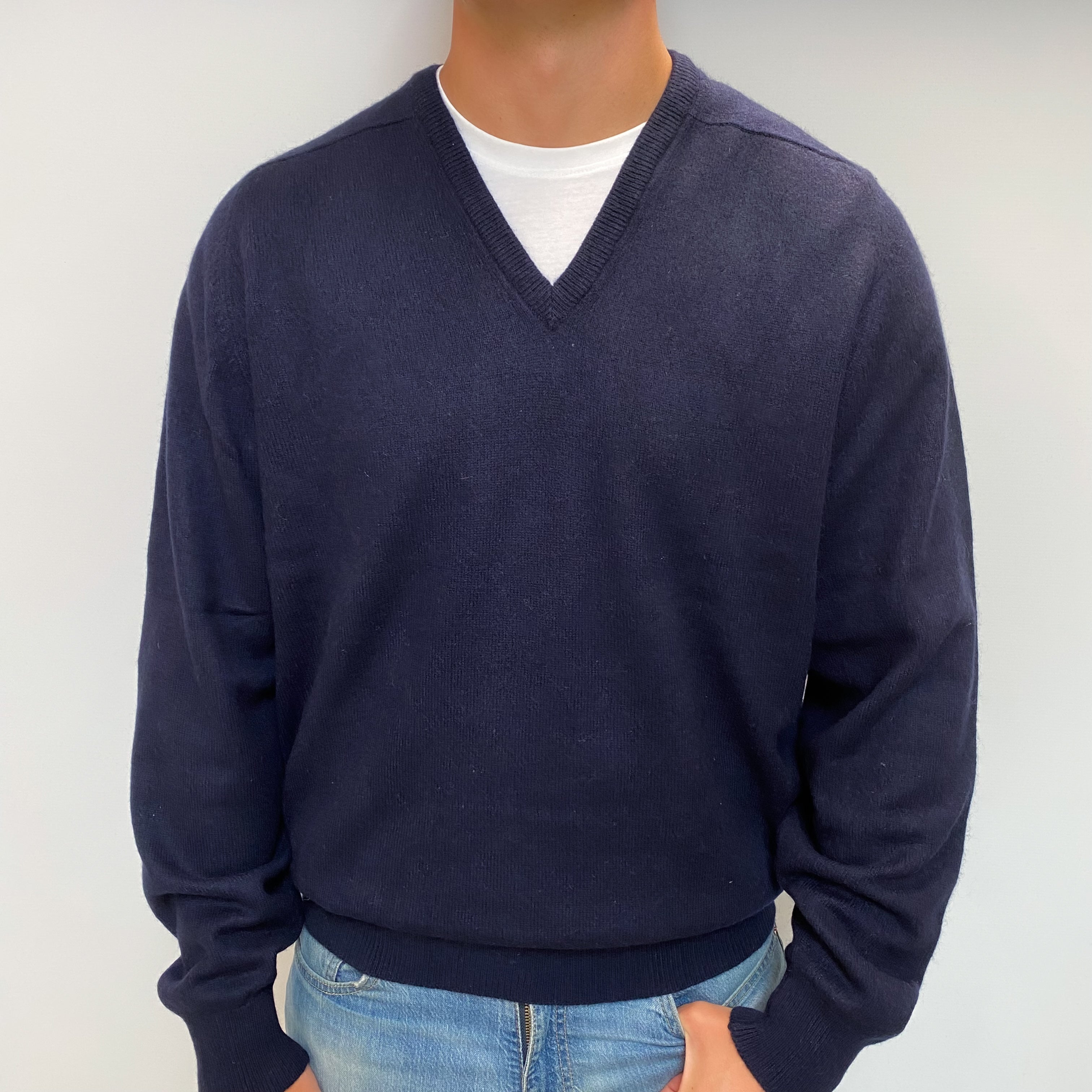 Men's Navy Blue Cashmere V Neck Jumper XXL