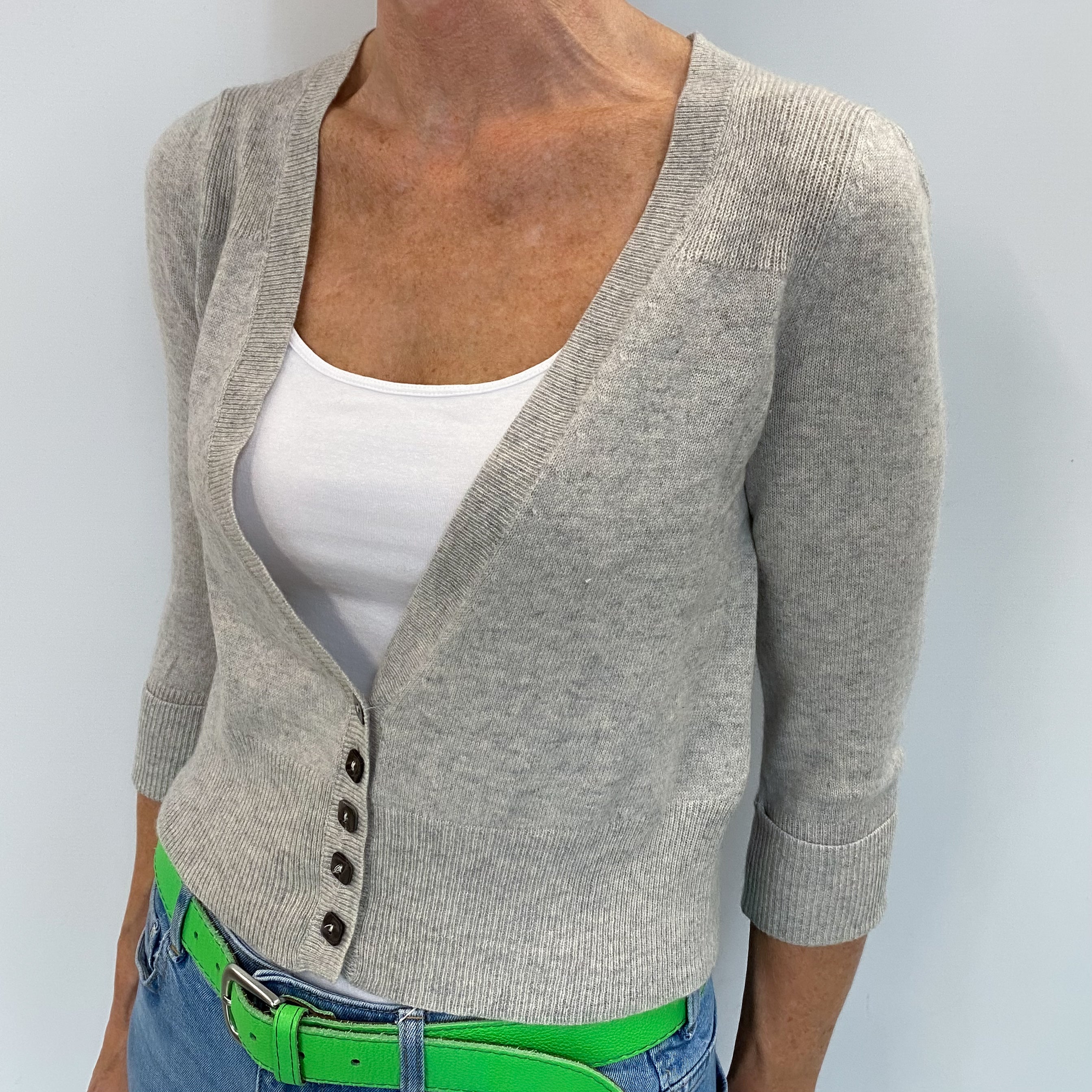 Mist Grey Cashmere Deep V Neck Cardigan Small