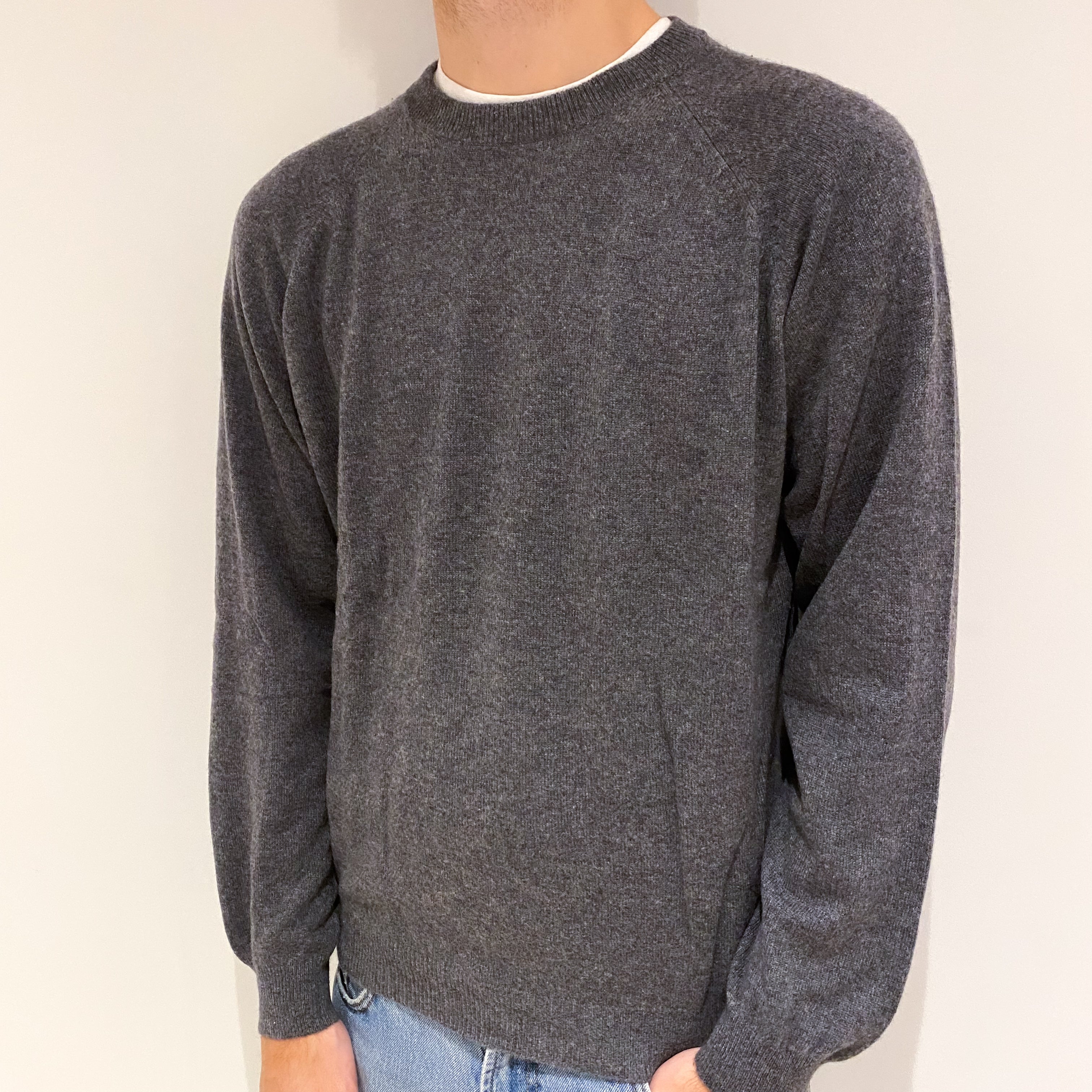 Men's Slate Grey Cashmere Crew Neck Jumper Large