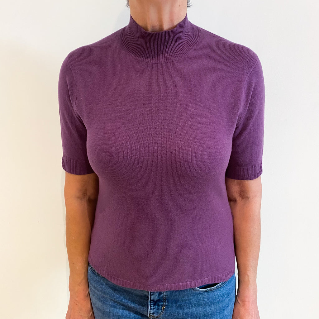 Deep Mauve Purple Cashmere Short Sleeve Turtle Neck Jumper Medium