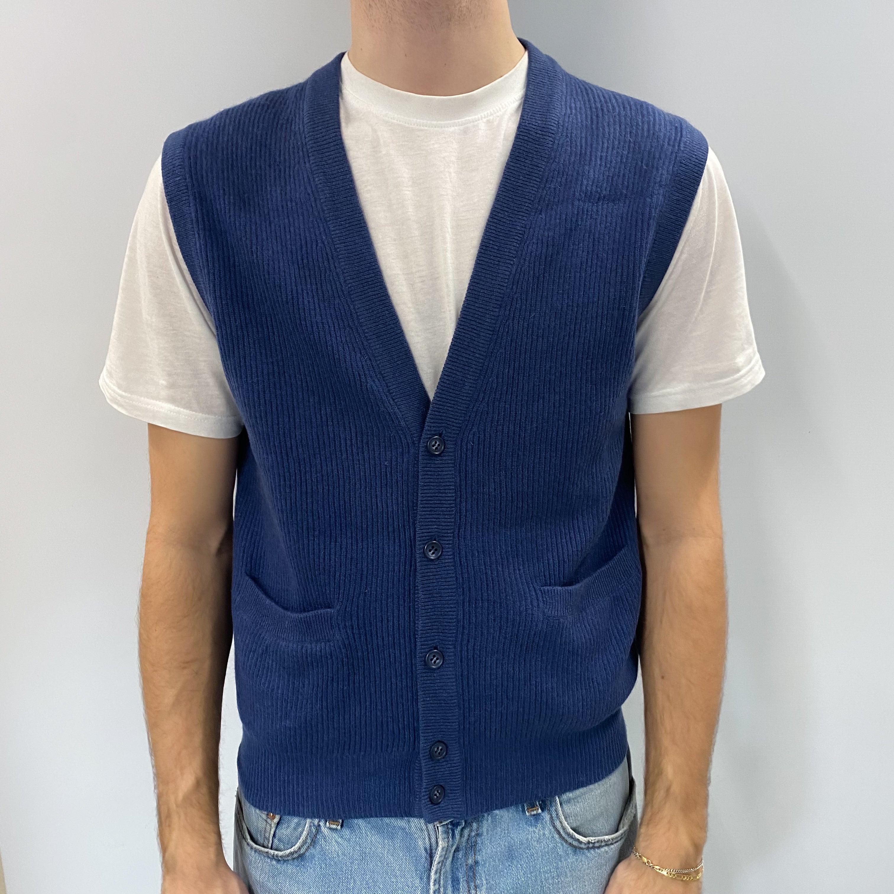 Men's Vintage French Navy Rib Cashmere Sleeveless Cardigan Medium