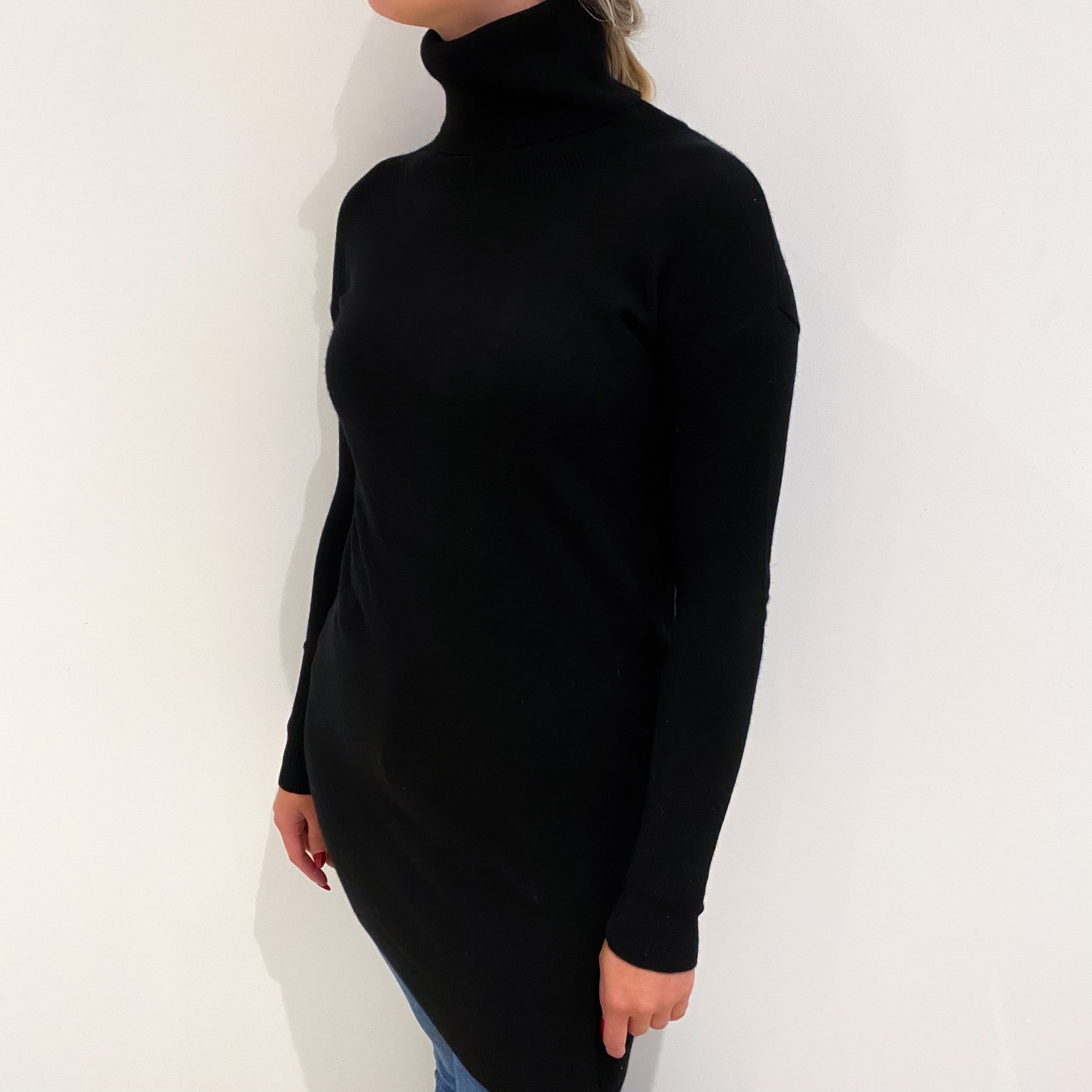 Black Cashmere Longline Polo Neck Jumper Small