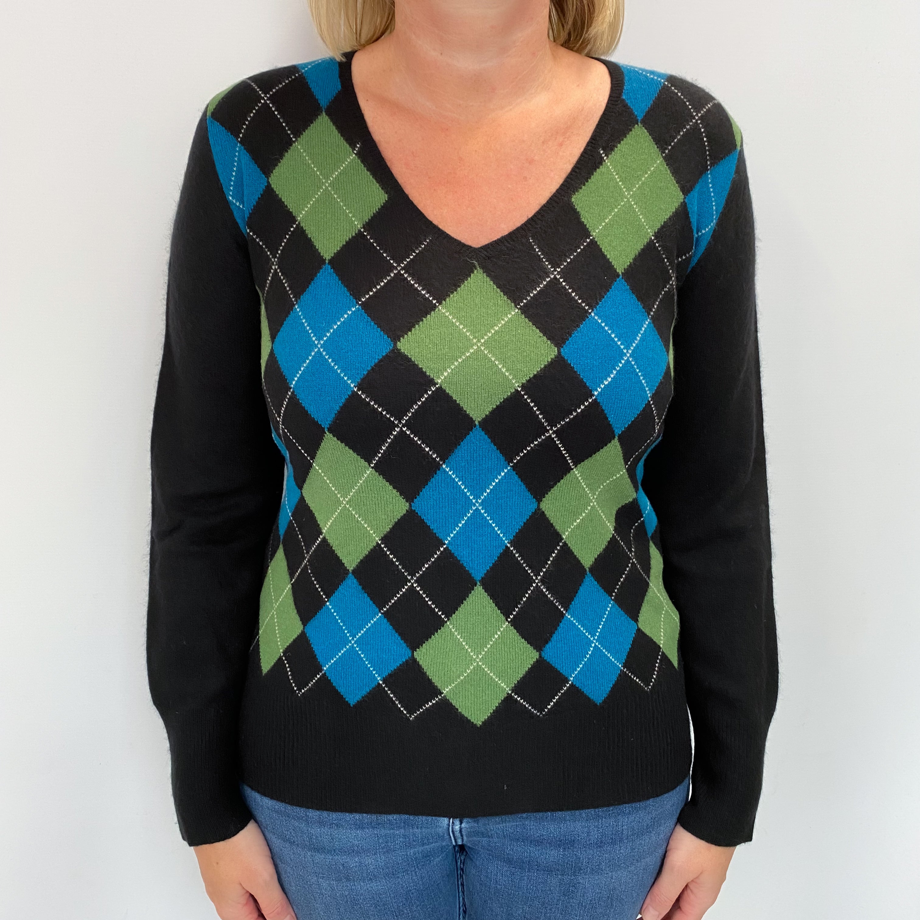 Black Argyle Cashmere V Neck Jumper Large