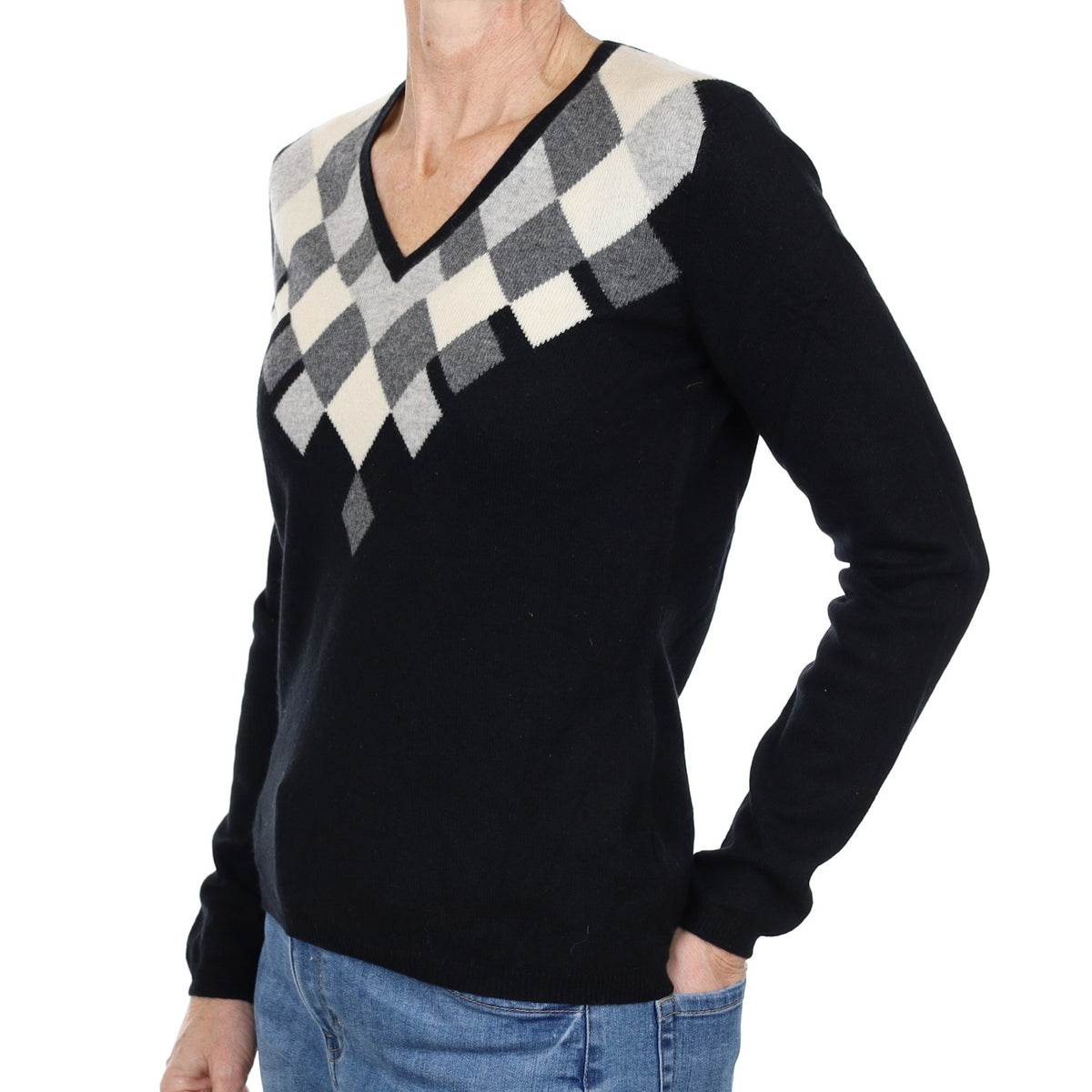 Black Grey Diamond Cashmere V Neck Jumper Small