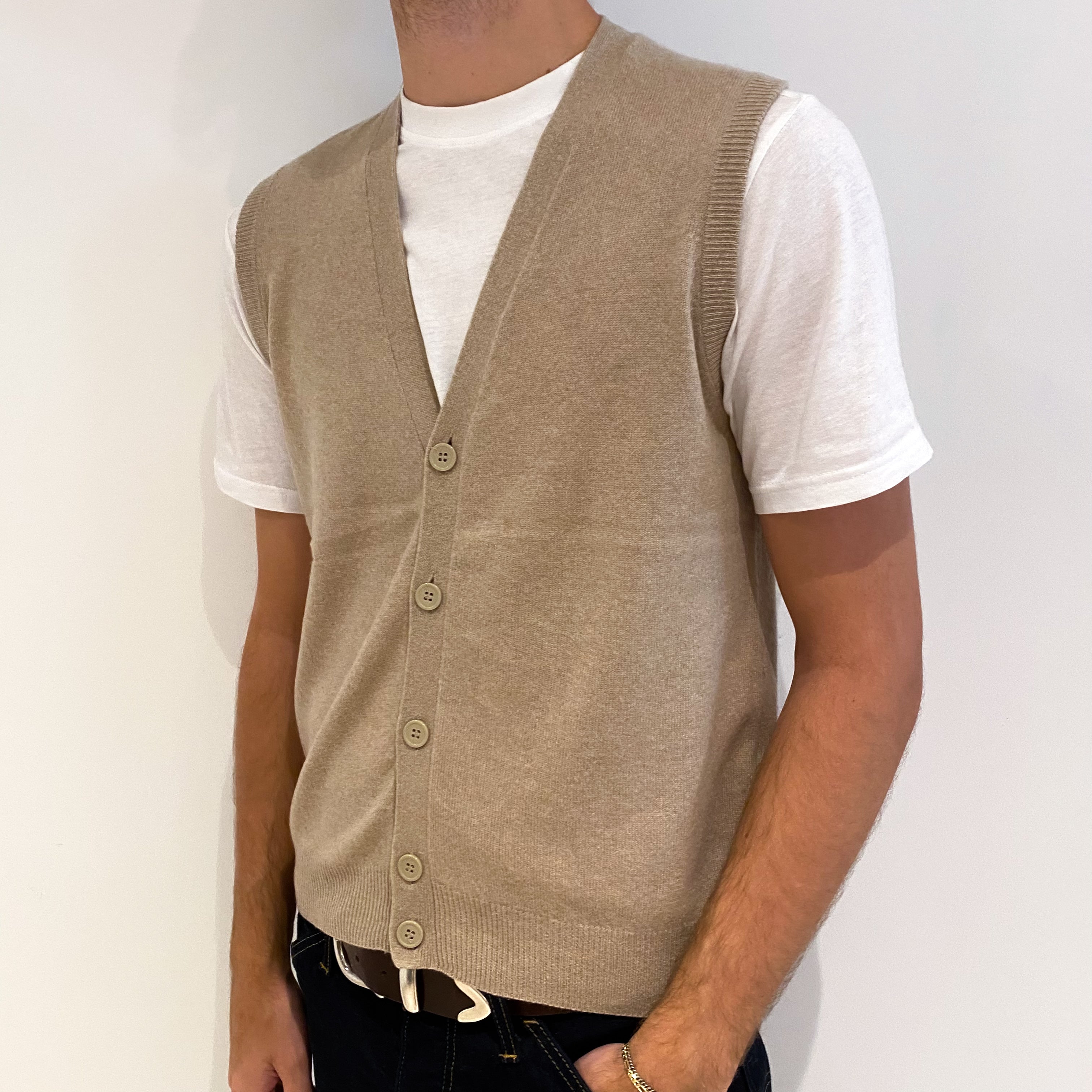 Men's Sand Beige Cashmere V-Neck Gilet Medium