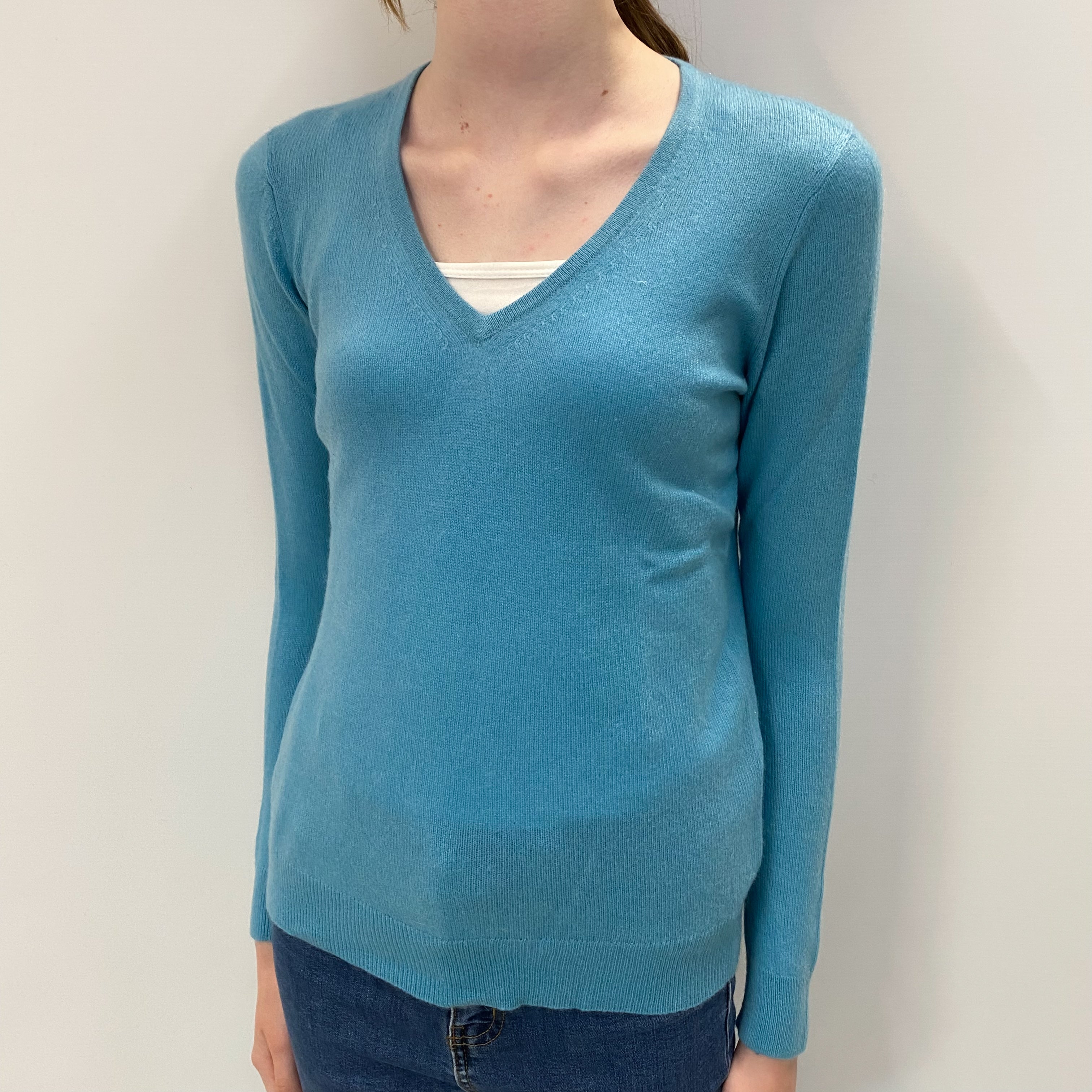 Aqua Blue Cashmere V Neck Jumper Extra Small