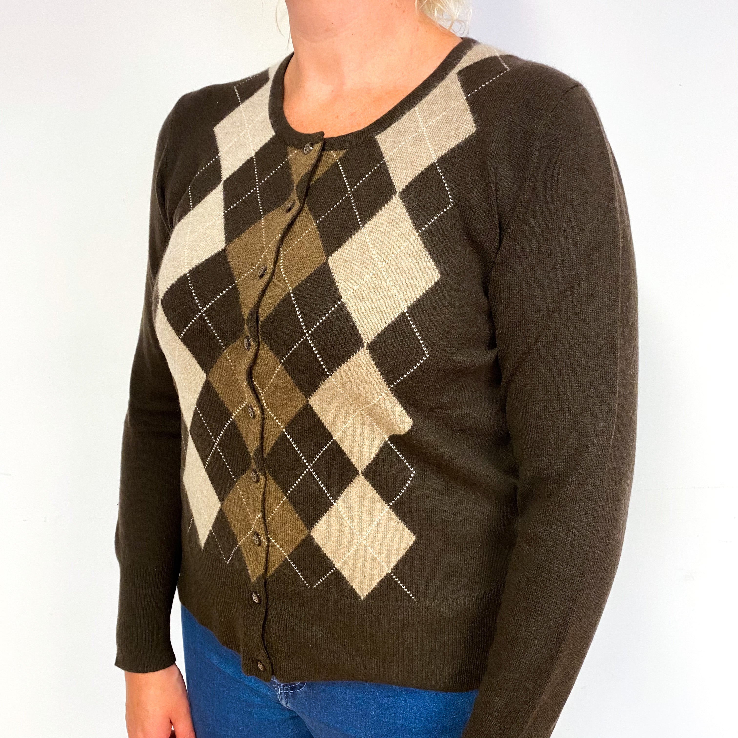 Chocolate Brown Argyle Cashmere Crew Neck Cardigan Large