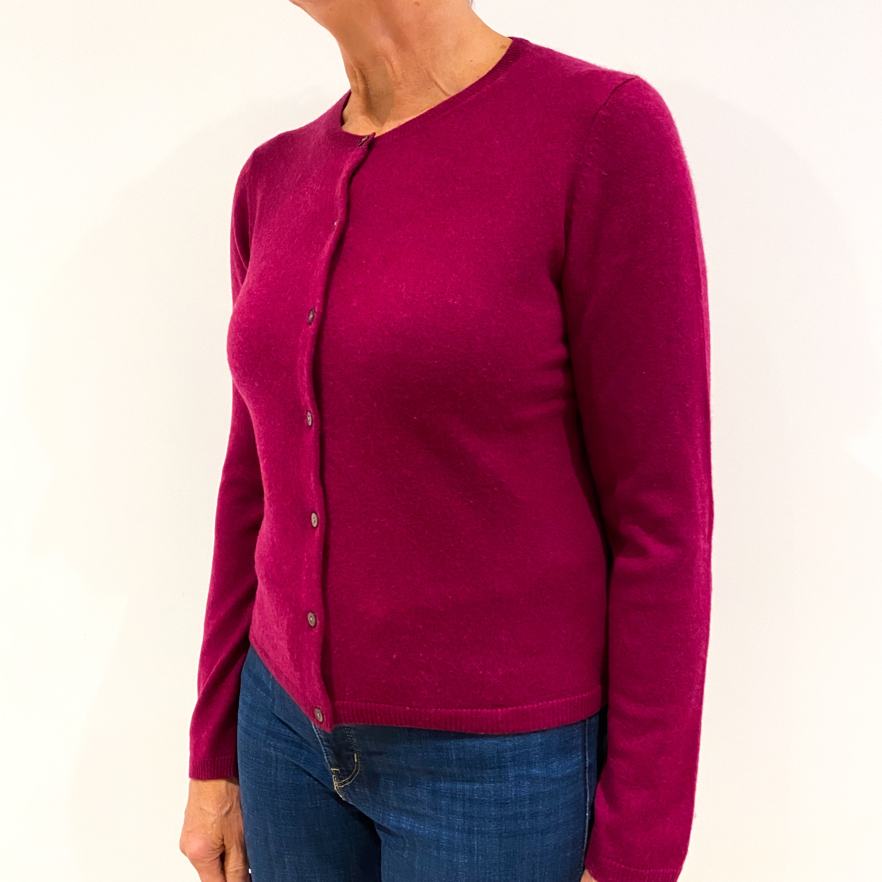 Raspberry Pink Cashmere Crew Neck Cardigan Medium