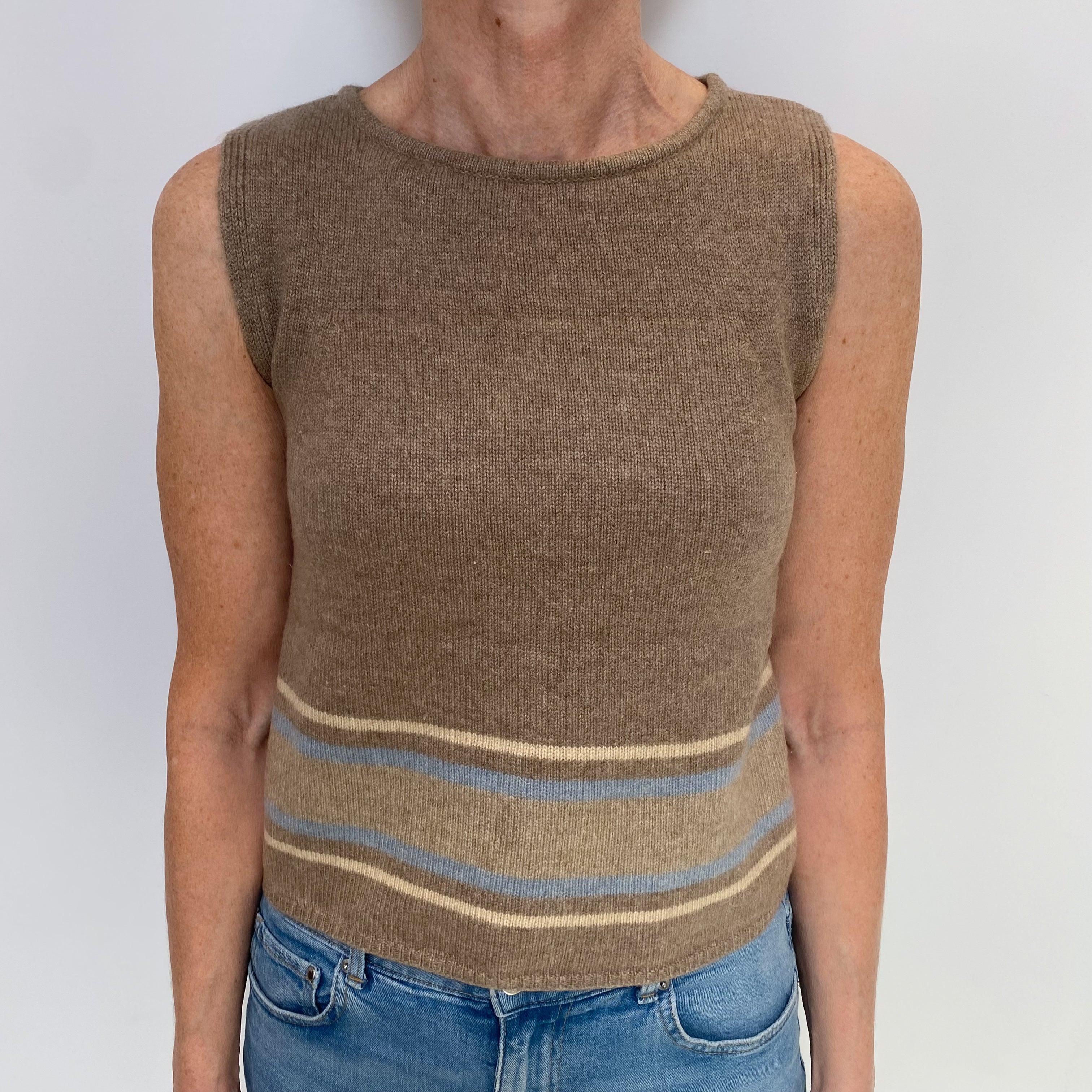 Taupe Cashmere Sleeveless Crew Neck Jumper Small