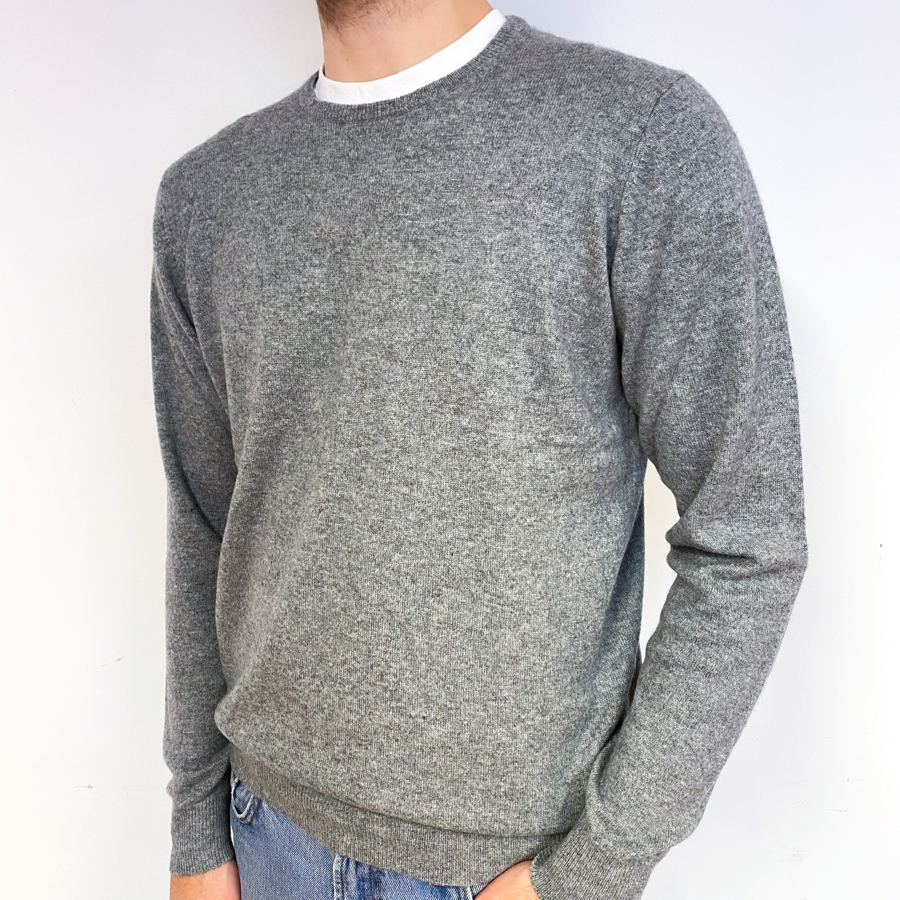 Men's Ash Grey Cashmere Crew Neck Jumper Medium