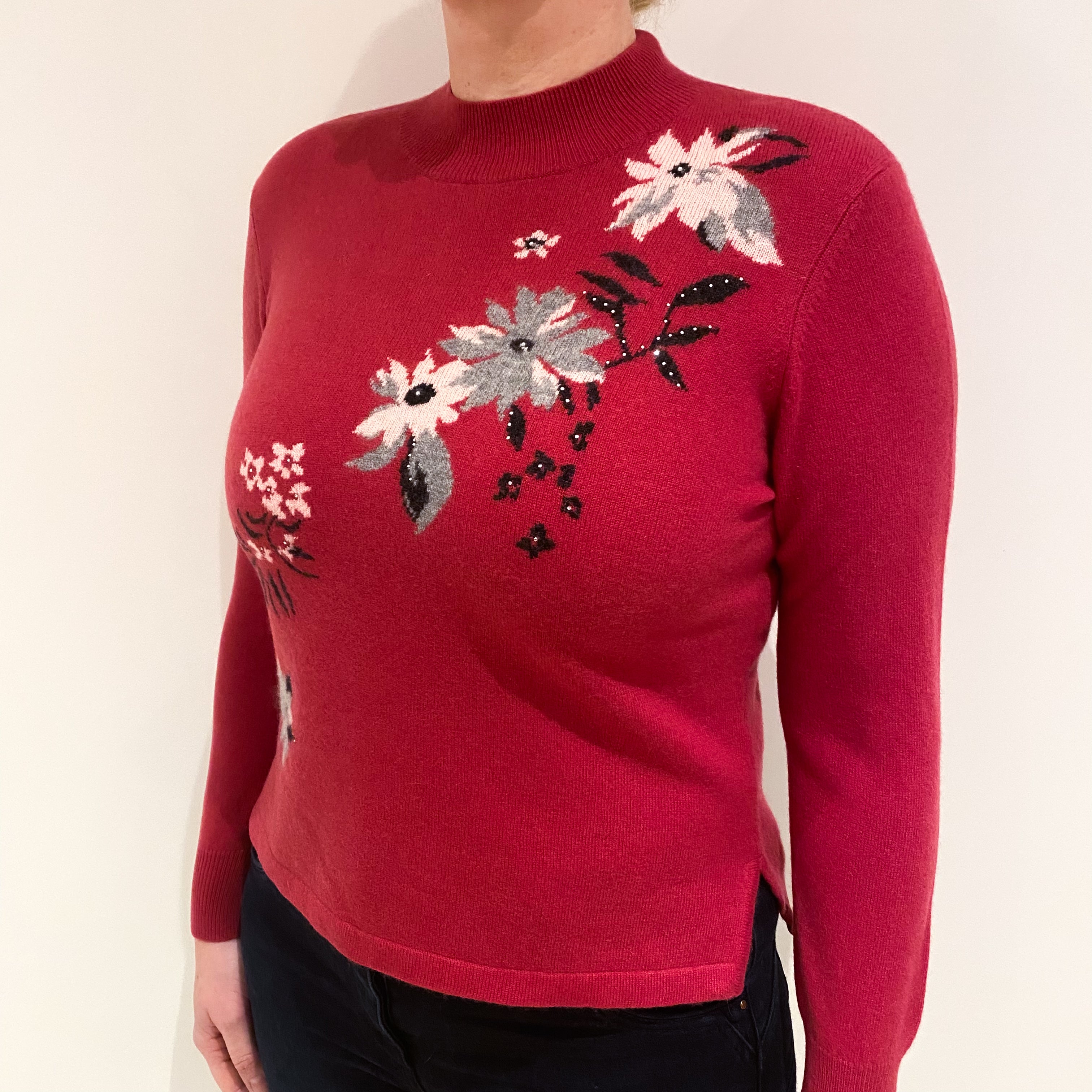 Raspberry Pink Flower Cashmere Turtle Neck Jumper Large