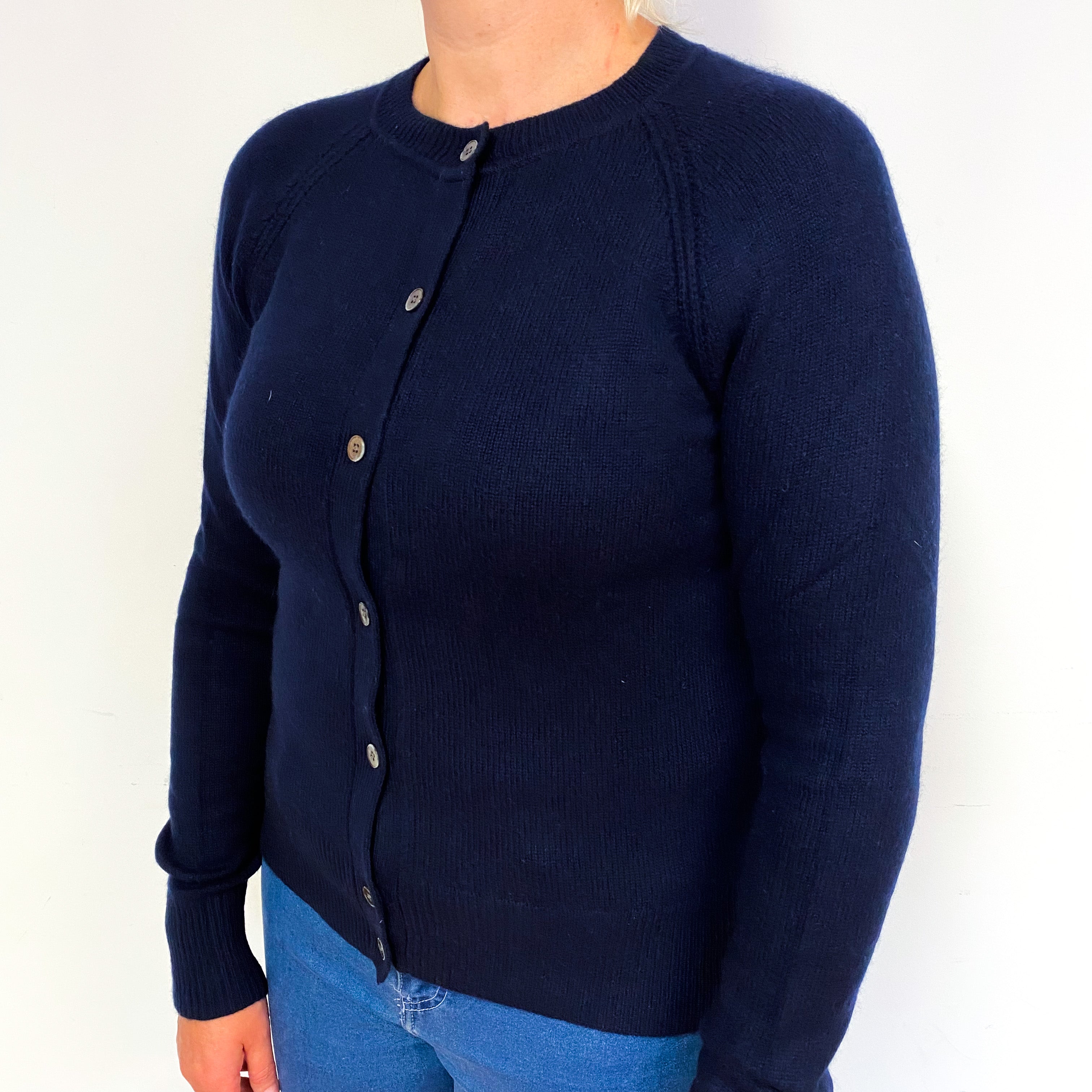 Dark Navy Blue Cashmere Crew Neck Cardigan Large