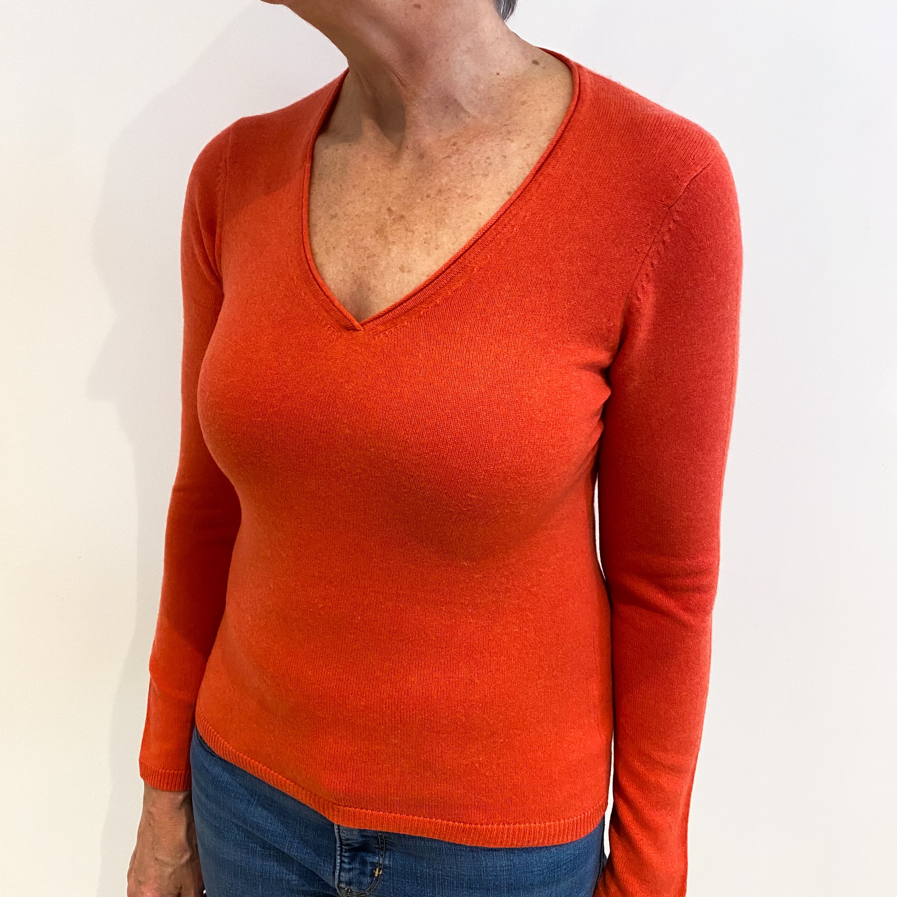 Fire Orange Cashmere V Neck Jumper Medium