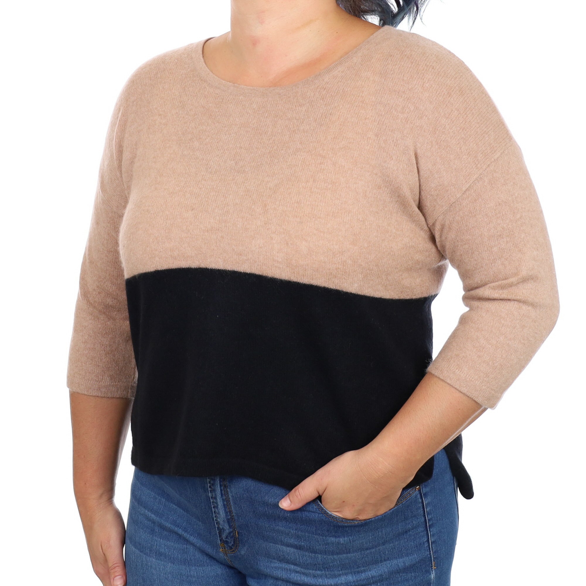 Black and Fudge Brown Colour Block Cashmere Crew Neck Jumper Large