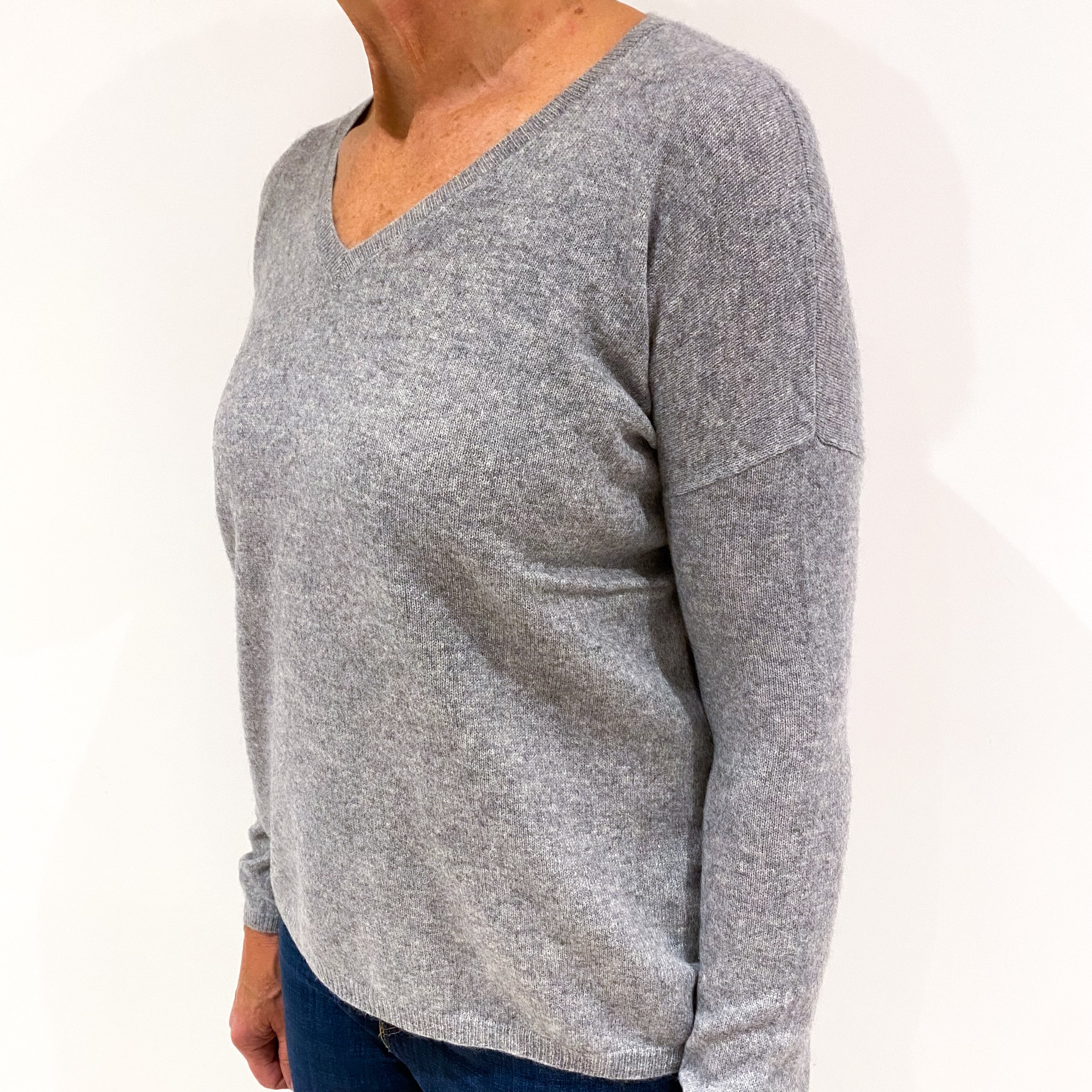 Ash Grey Cashmere V-Neck Jumper Medium