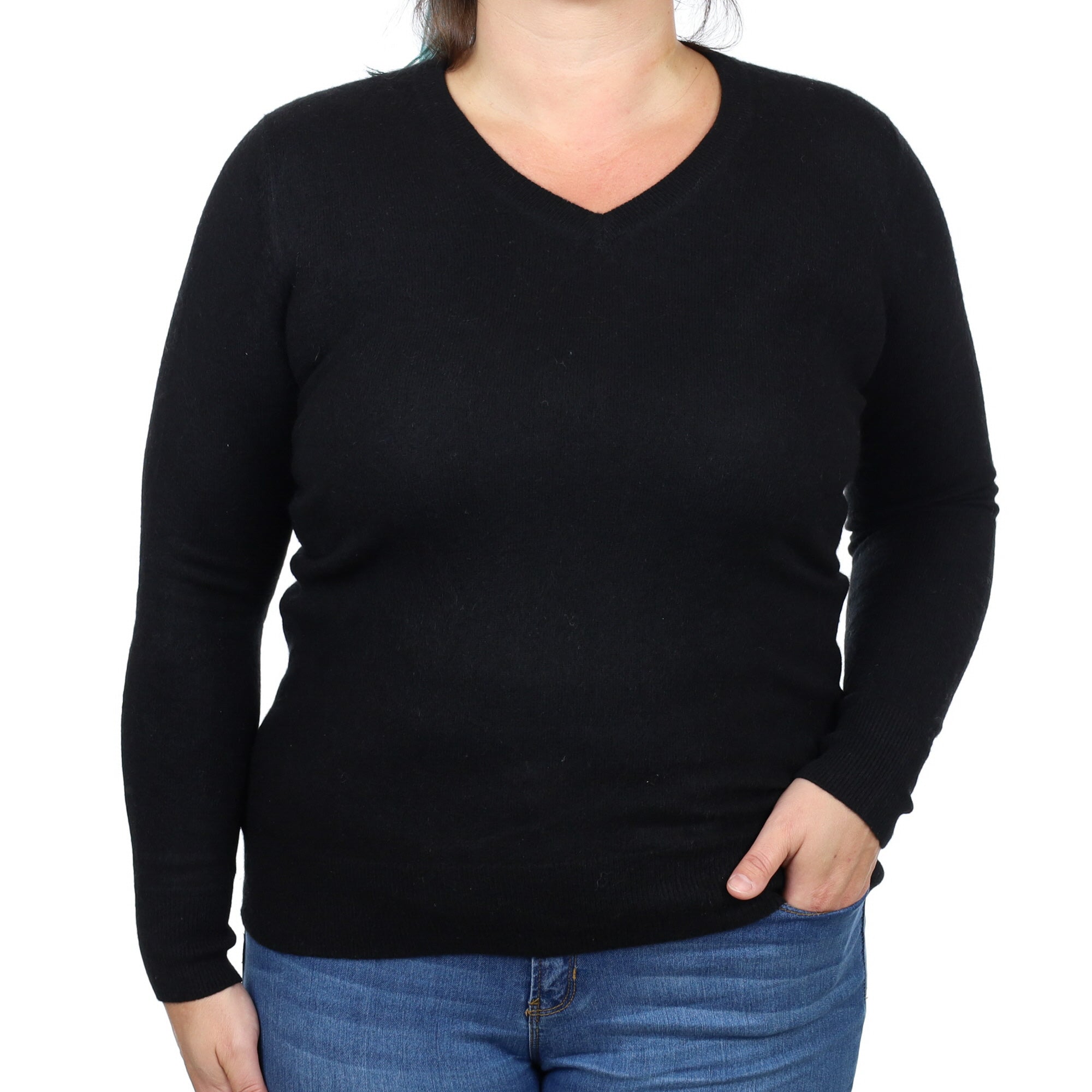 Black Cashmere V Neck Jumper Large