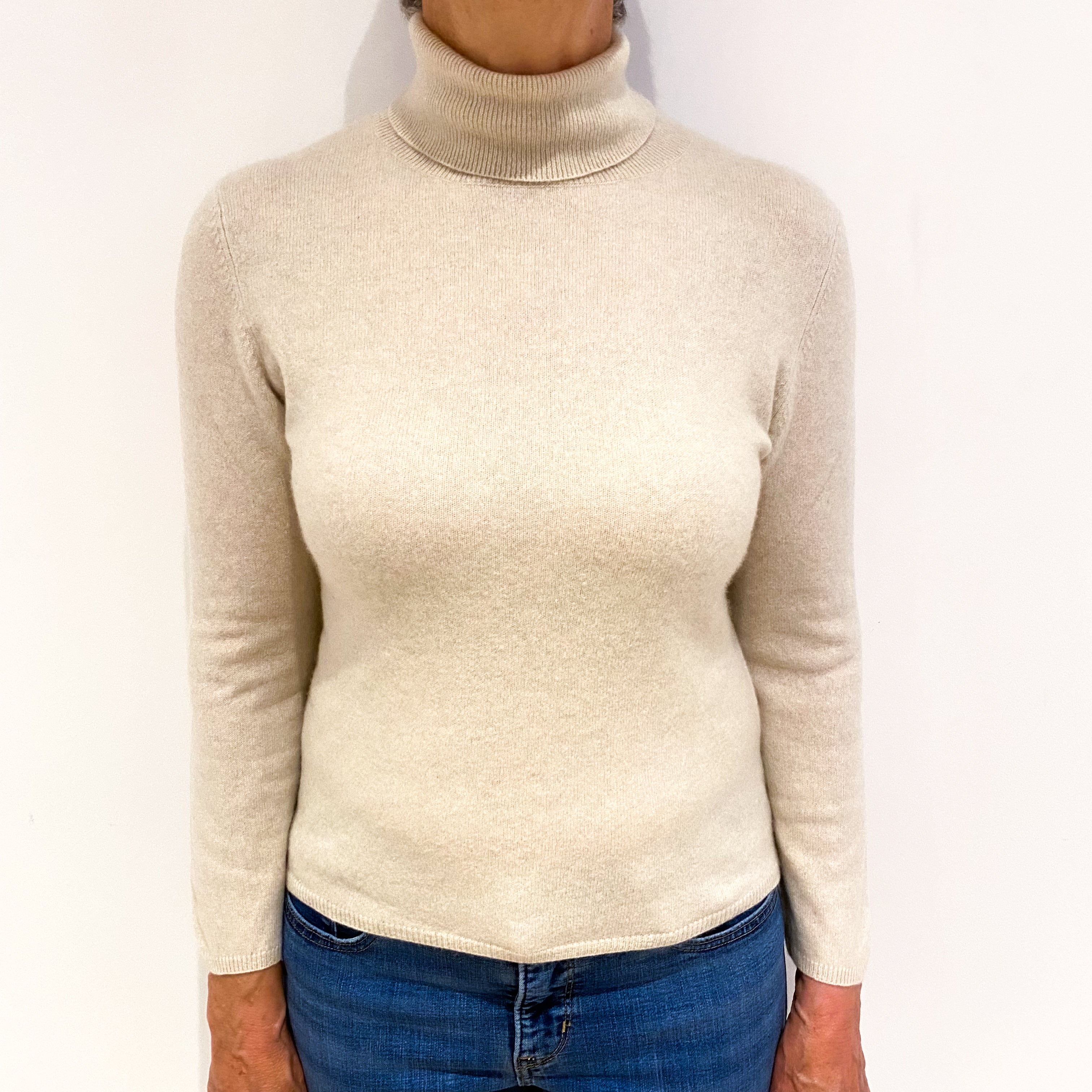 Oatmeal Beige Cashmere Polo Neck Jumper Medium