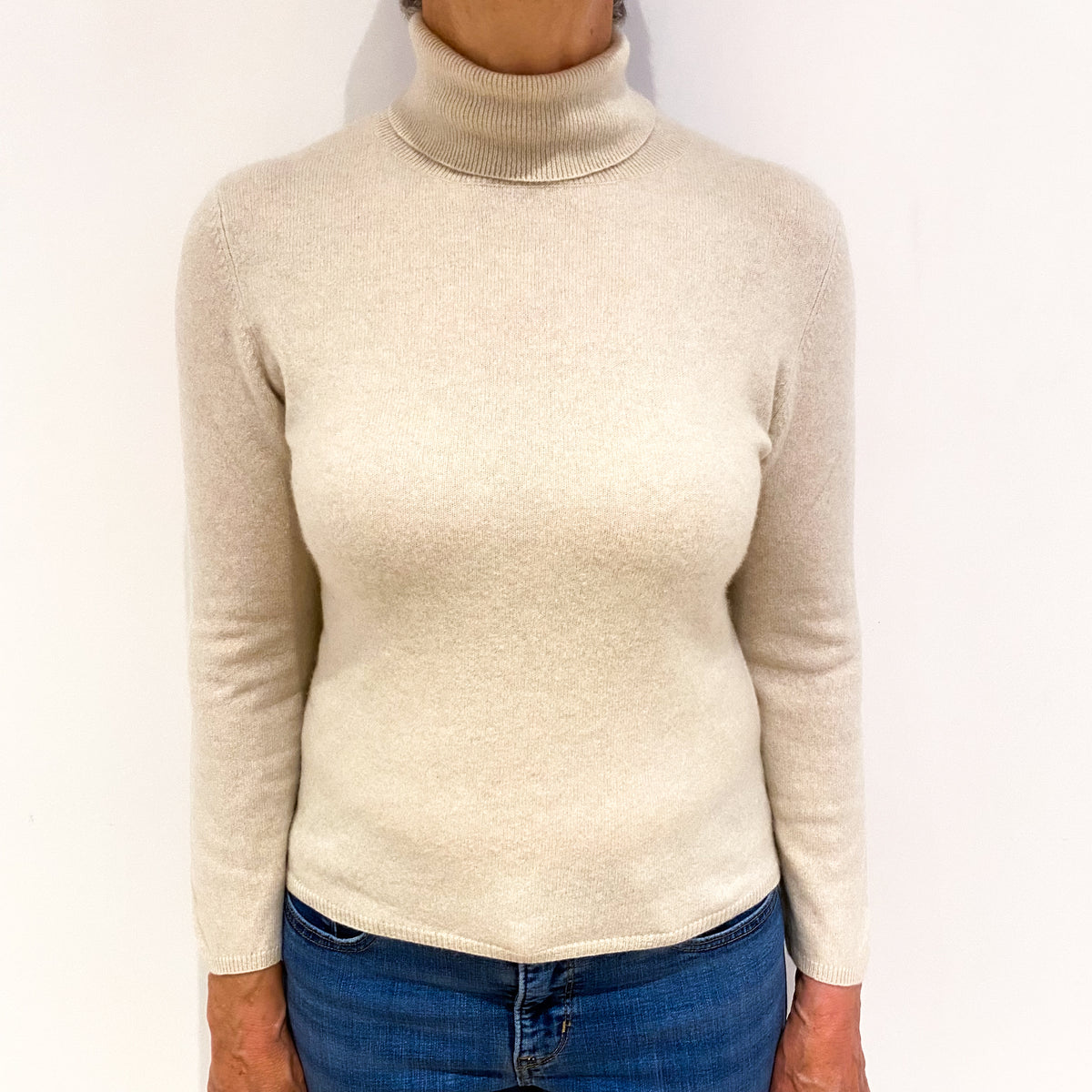 Oatmeal Beige Cashmere Polo Neck Jumper Medium