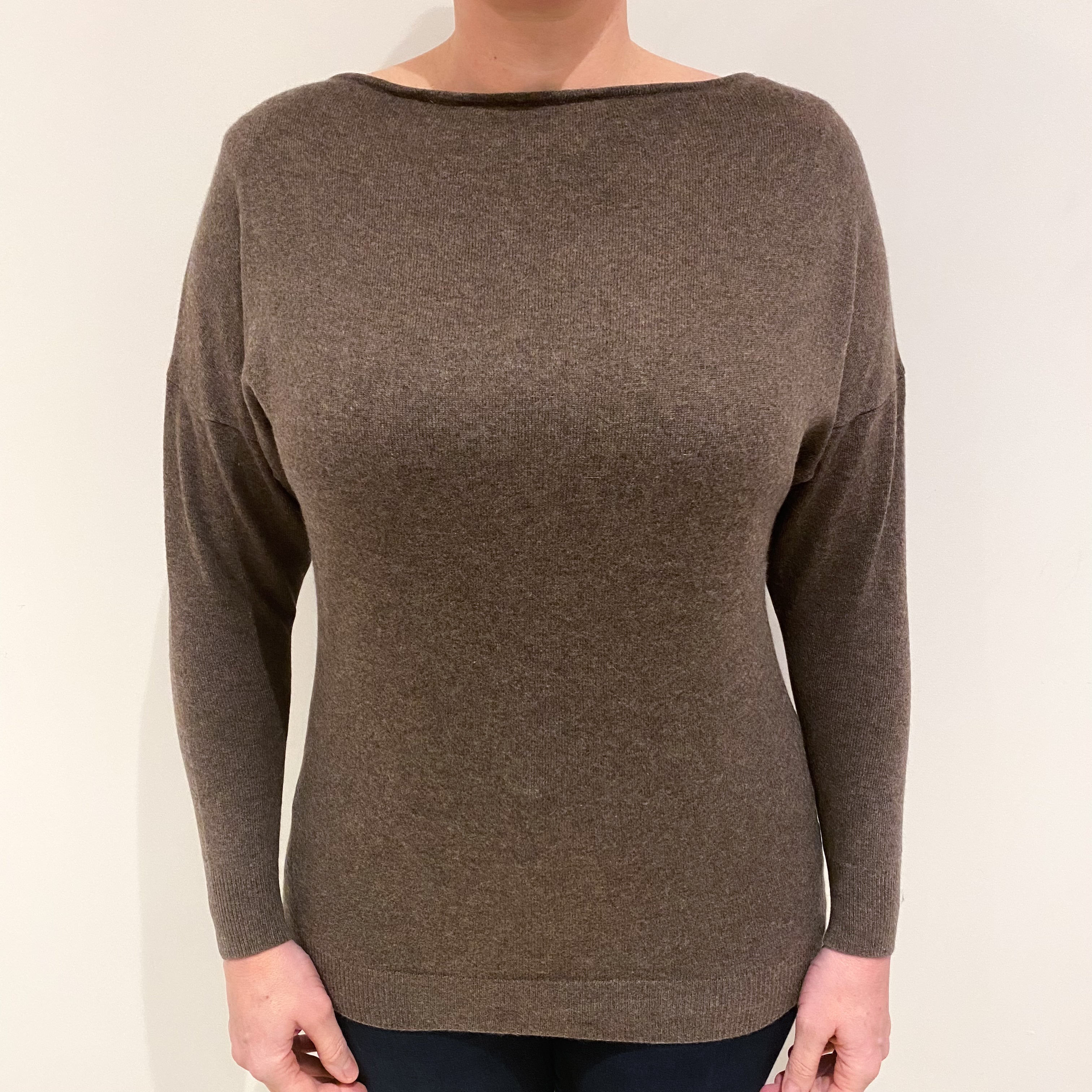 Mocha Brown Cashmere Slash Neck Jumper Large