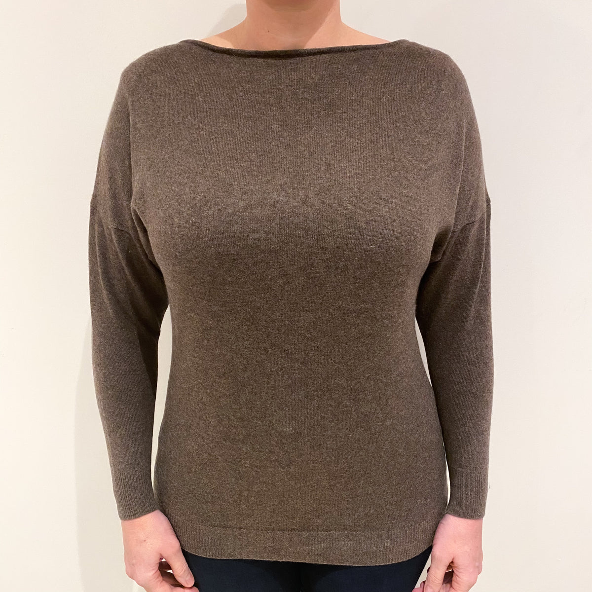 Mocha Brown Cashmere Slash Neck Jumper Large