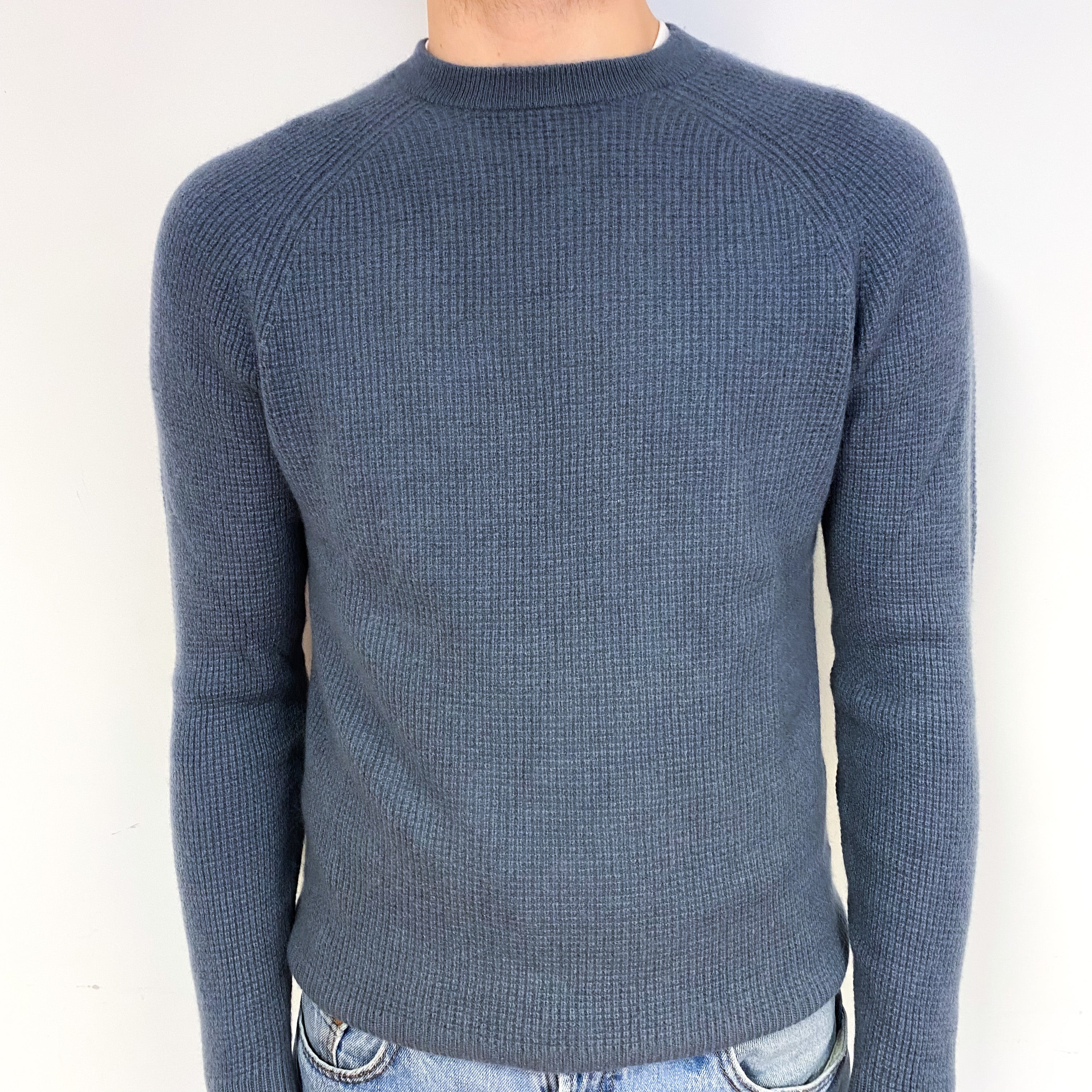 Men's Grey Blue Waffle Cashmere Crew Neck Jumper Medium