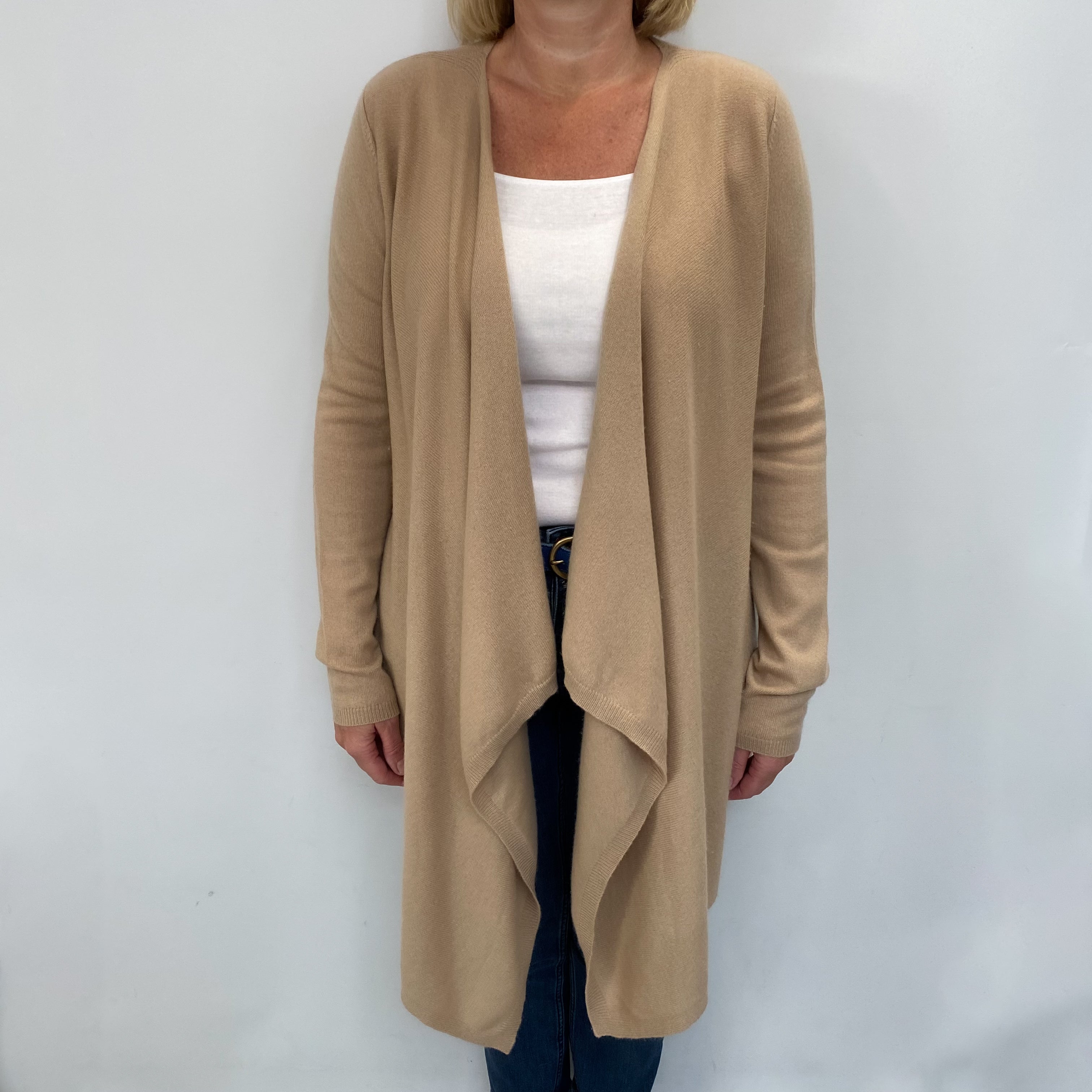 Sand Beige Cashmere Waterfall Edge Cardigan Large