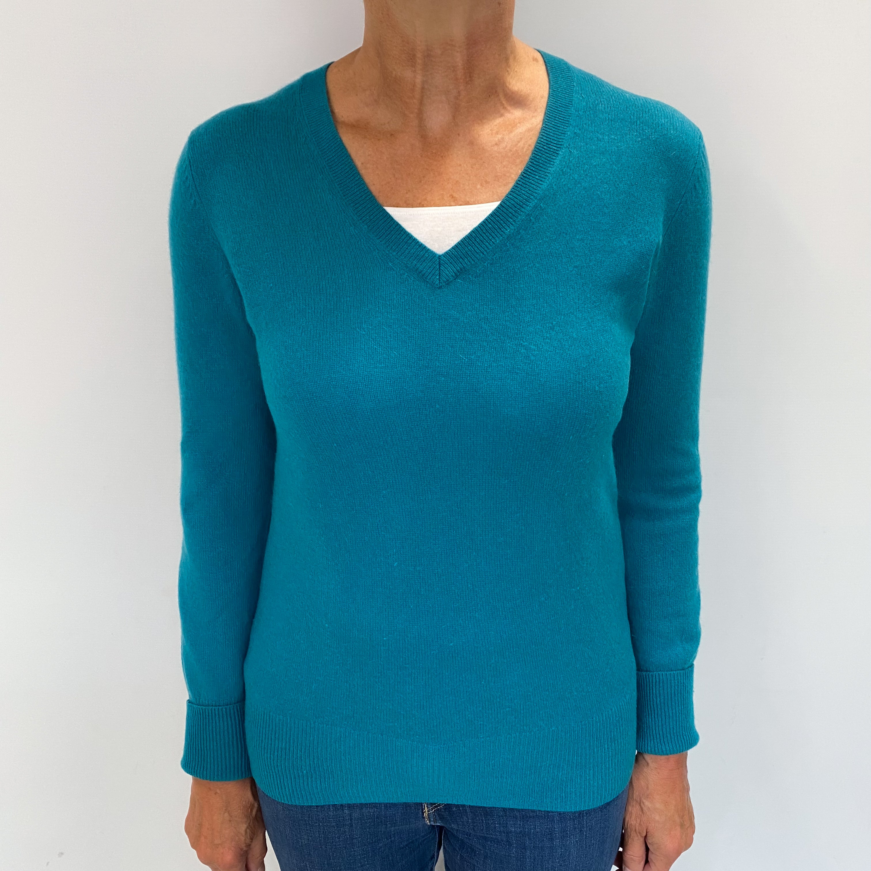 Deep Sea Green Cashmere V Neck Jumper Medium