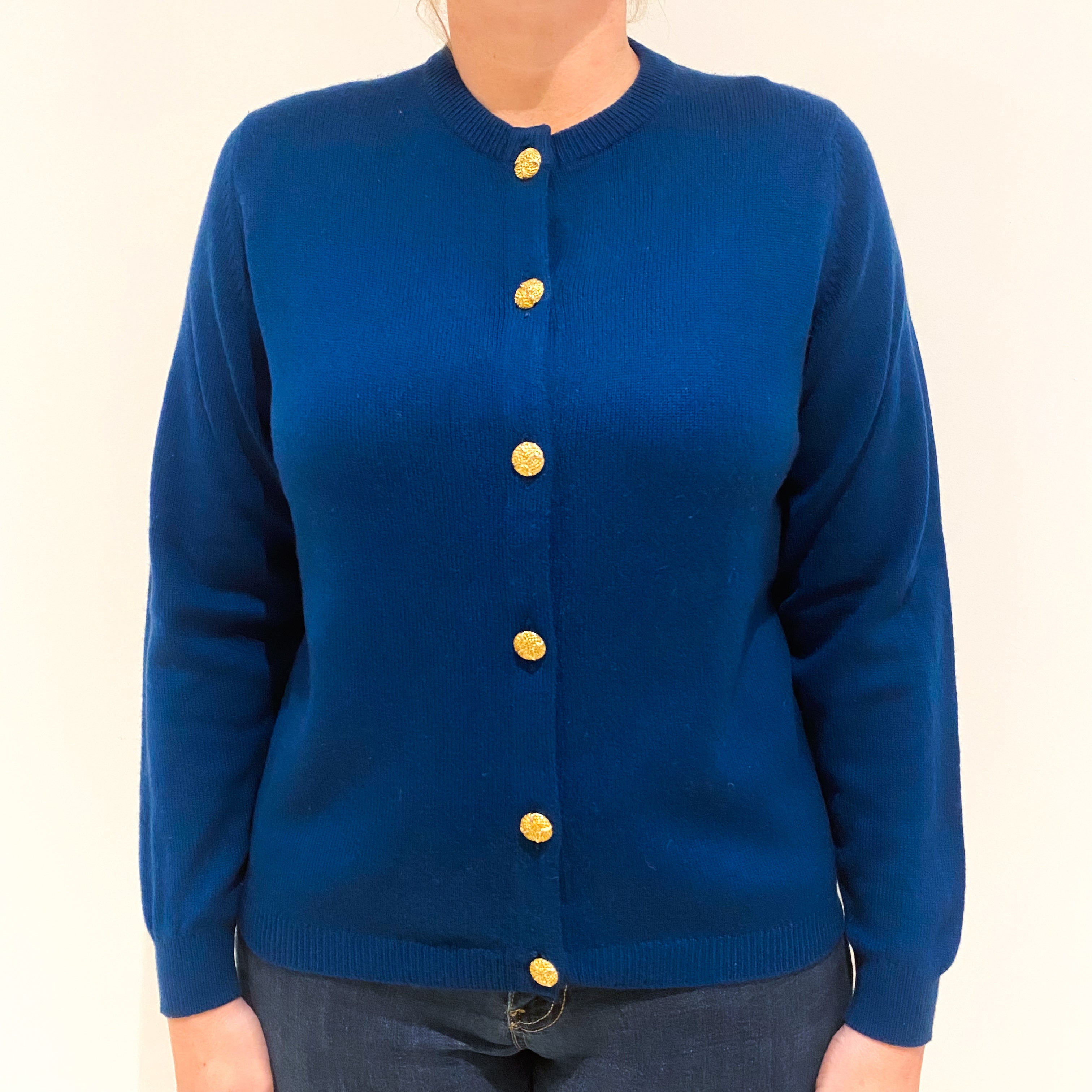 Deep Petrol Blue Vintage Cashmere Crew Neck Cardigan Large