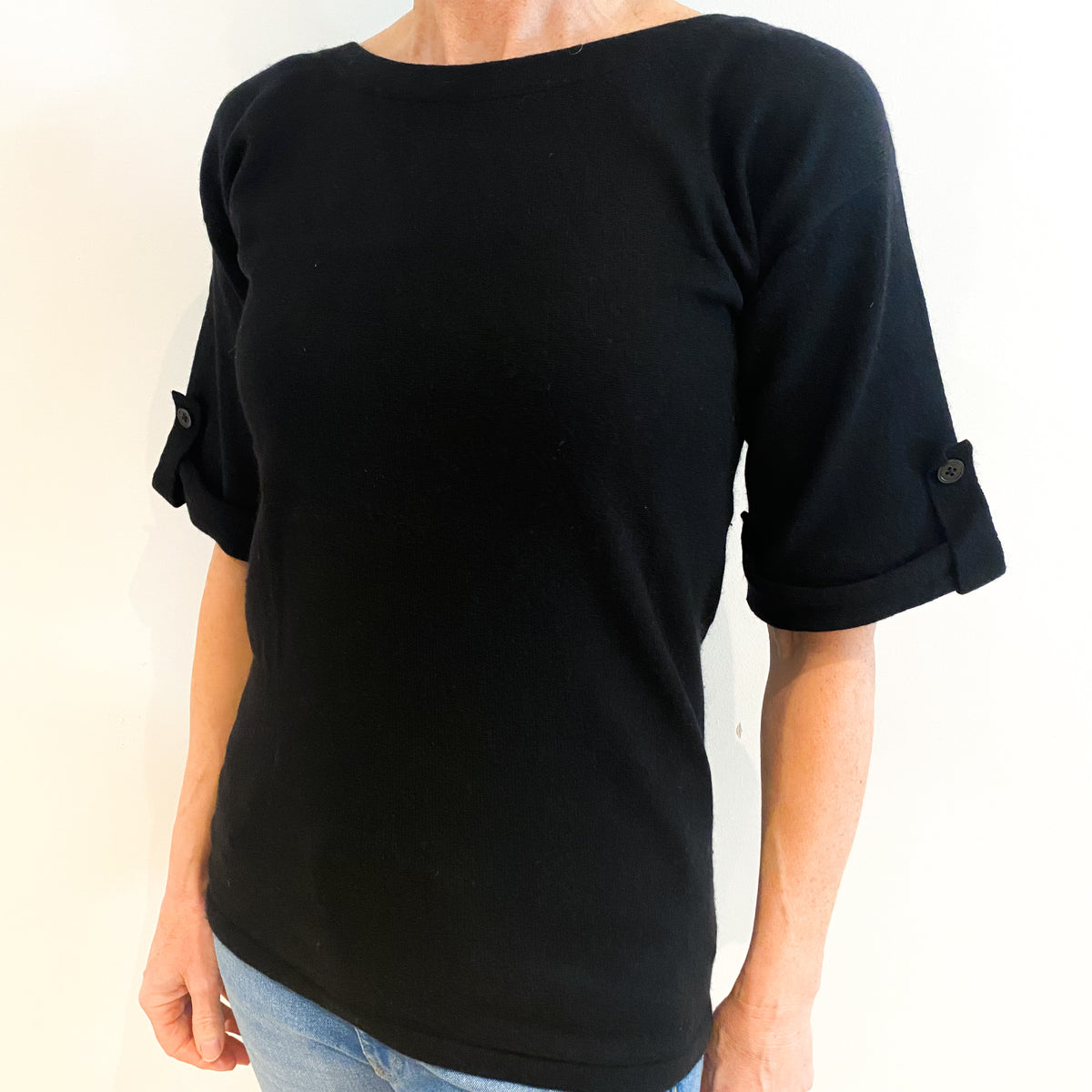 Black Cashmere Crew Neck Short Sleeved Jumper Small