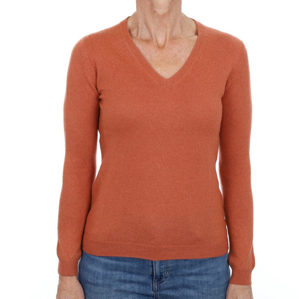 Terracotta Orange Cashmere V Neck Jumper Small