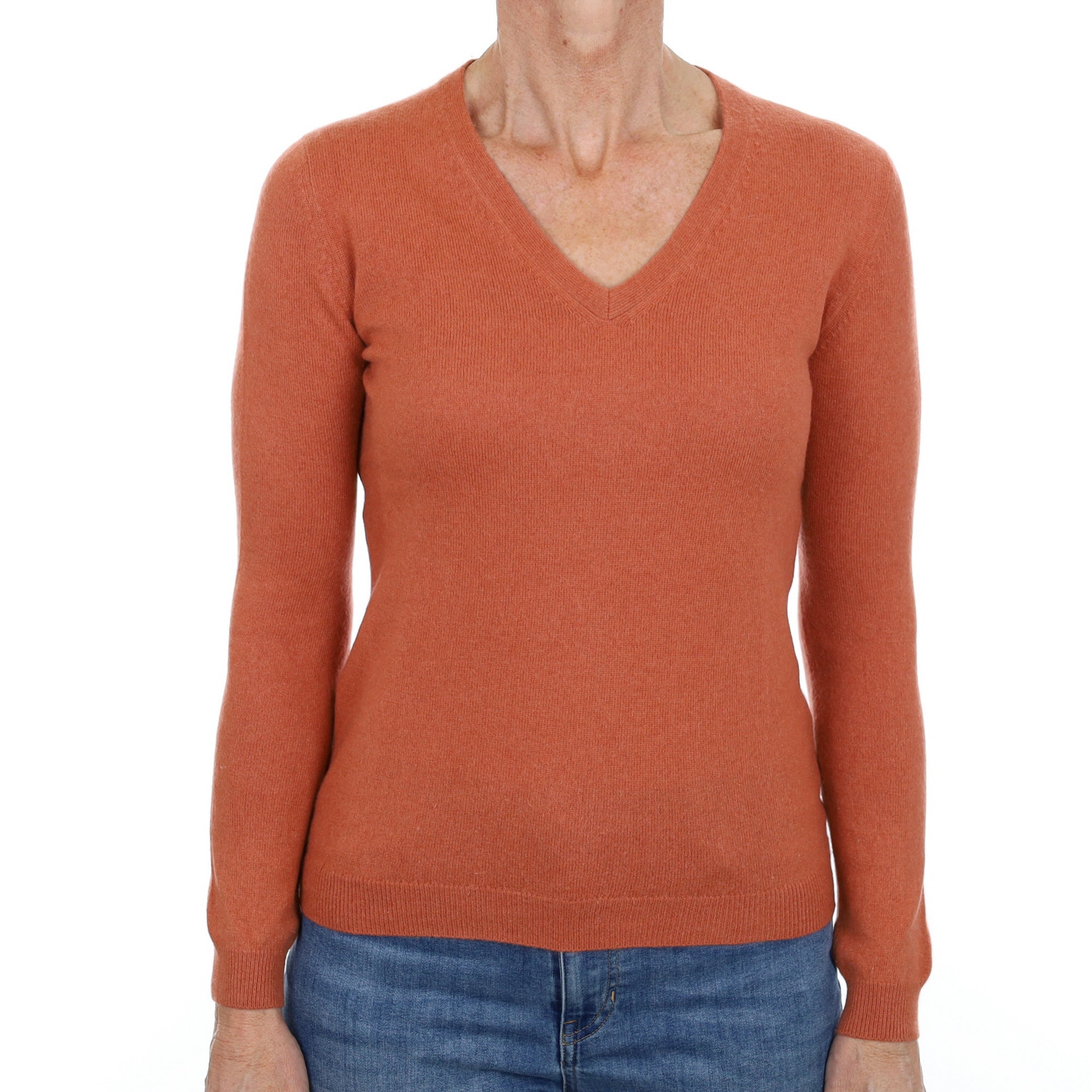 Terracotta Orange Cashmere V Neck Jumper Small