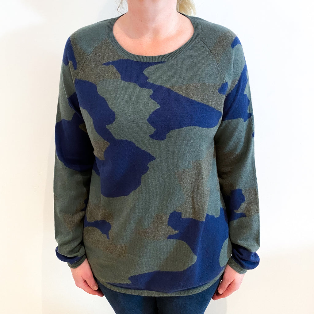 Army Green and Blue Camouflage Cashmere Crew Neck Jumper Large