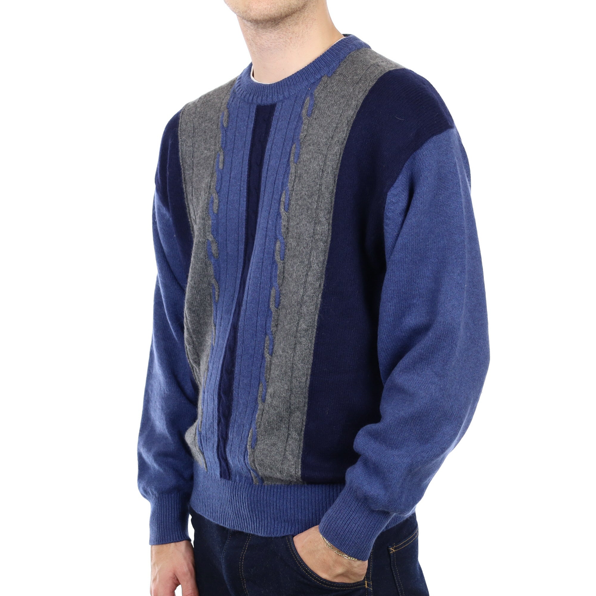 Men's Blue and Grey Stripe Cashmere Crew Neck Jumper Large