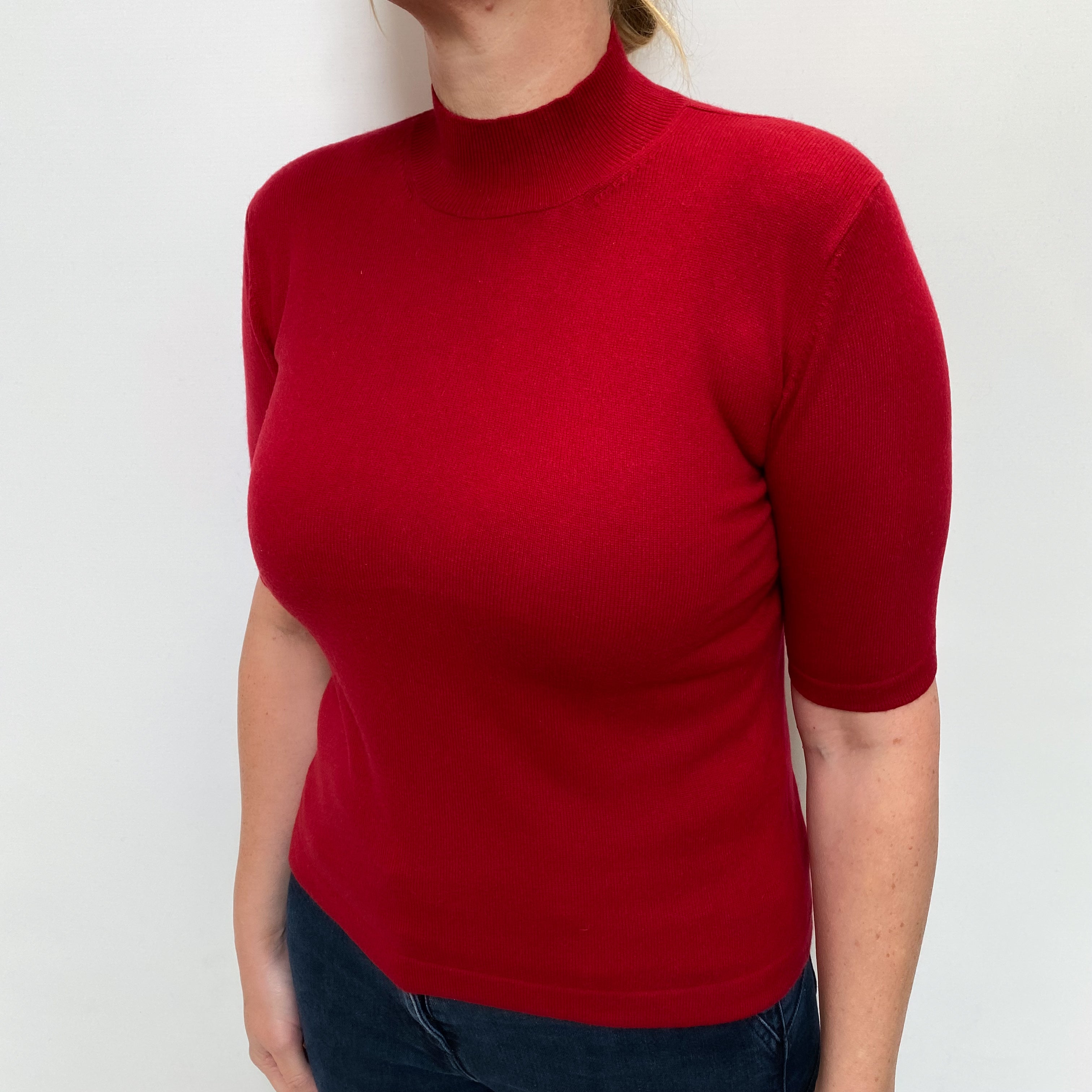 Post Box Red Cashmere Turtle Neck Short Sleeved Jumper Large