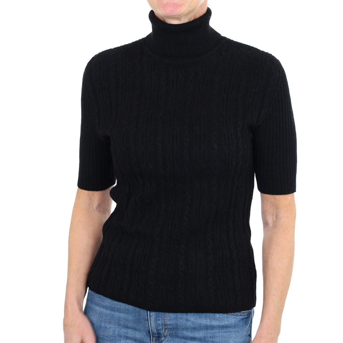 Black Cashmere Polo Neck Short Sleeved  Jumper Small