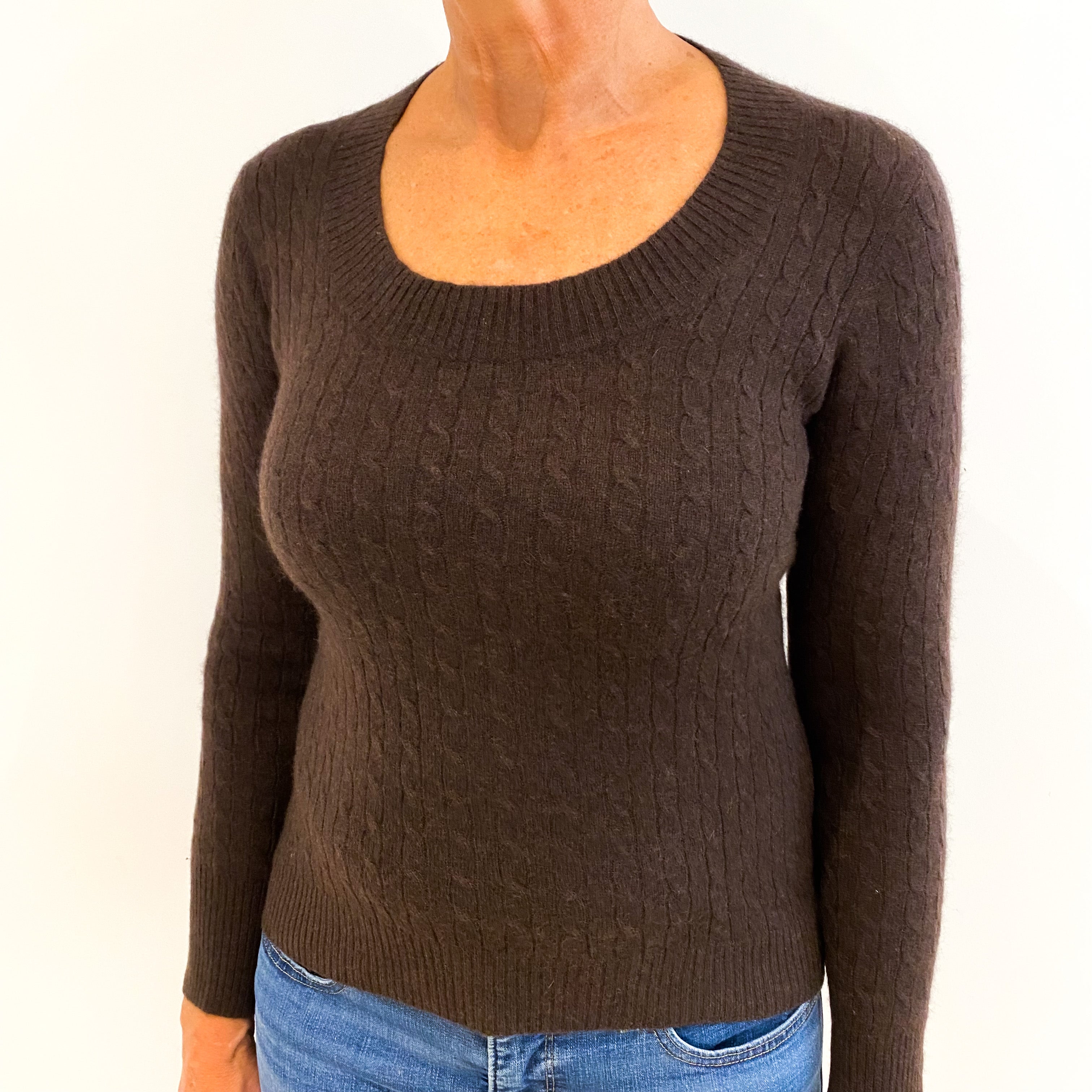 Chocolate Brown Cable Knit Cashmere Scoop Neck Jumper Medium
