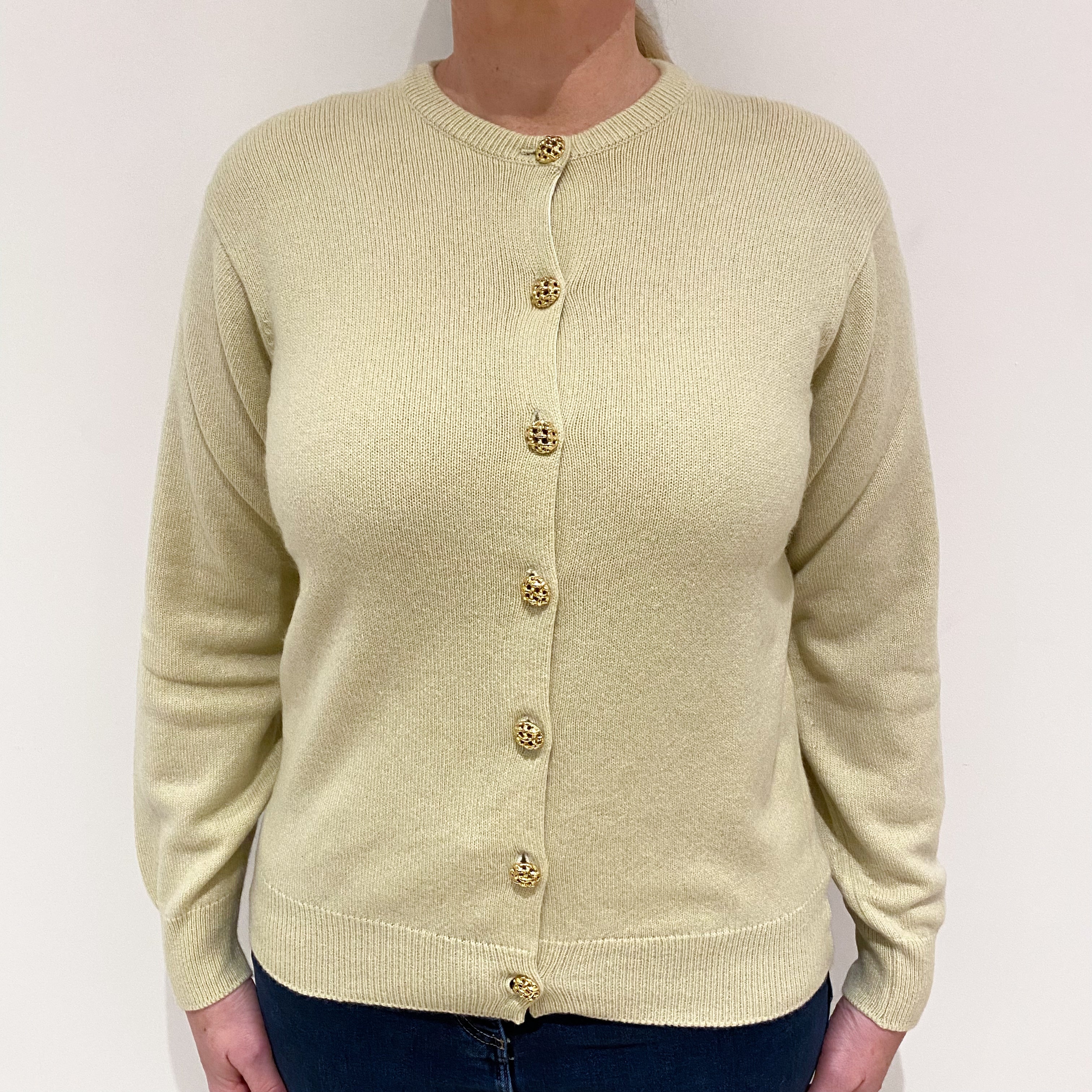 Scottish Pistachio Green Cashmere Crew Neck Cardigan Large
