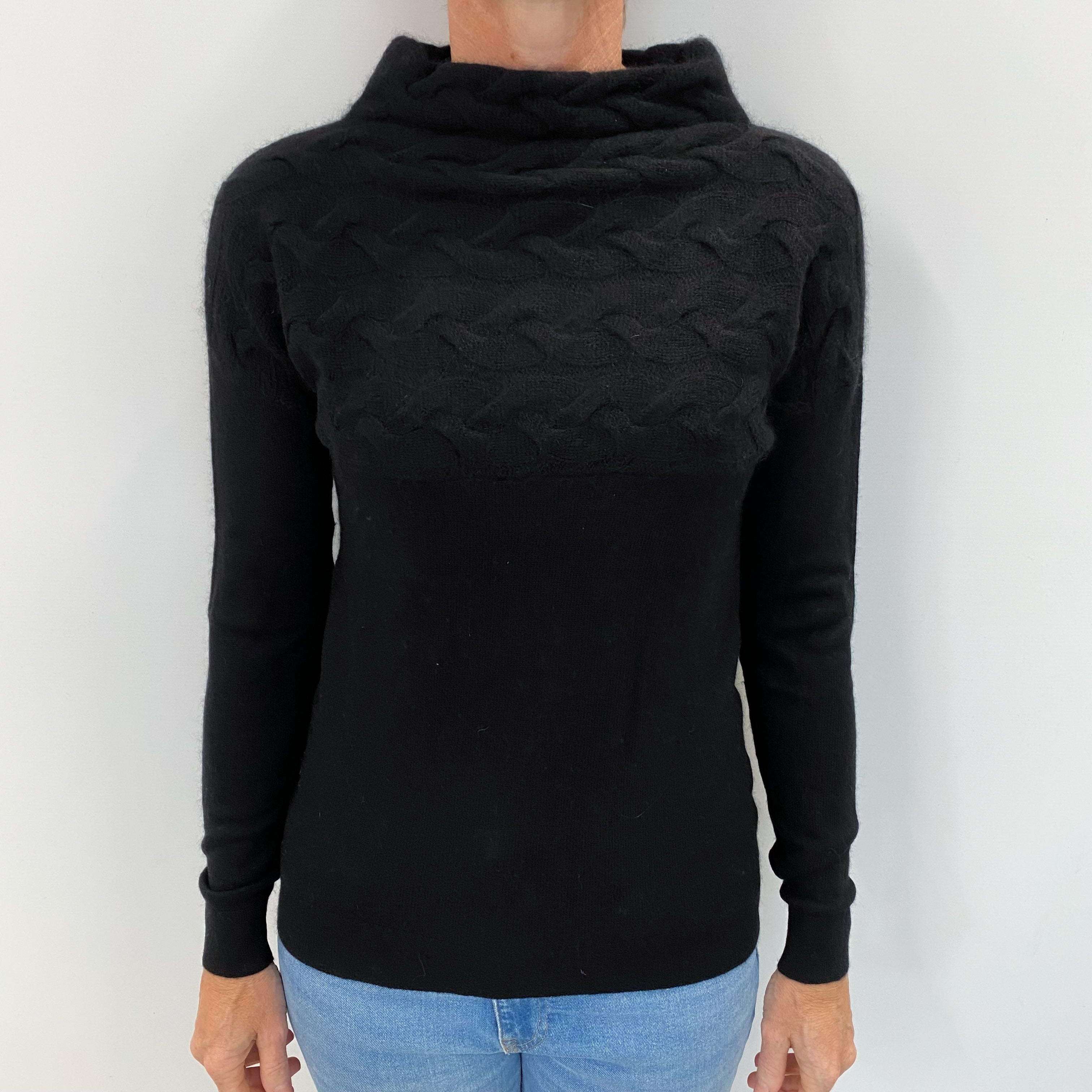 Black Cashmere Funnel Neck Cable Knit Jumper Small