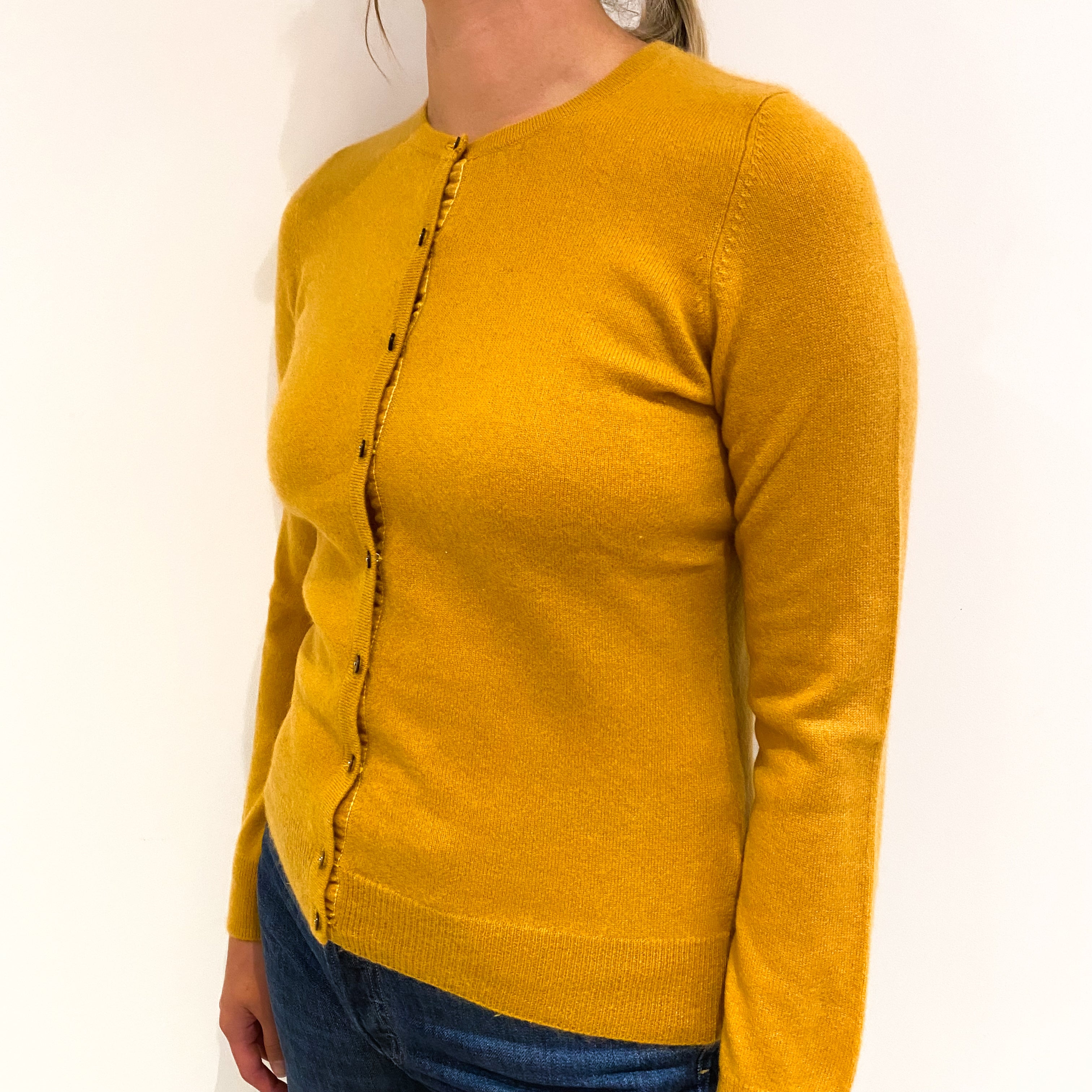 Mustard Yellow Cashmere Crew Neck Cardigan Small