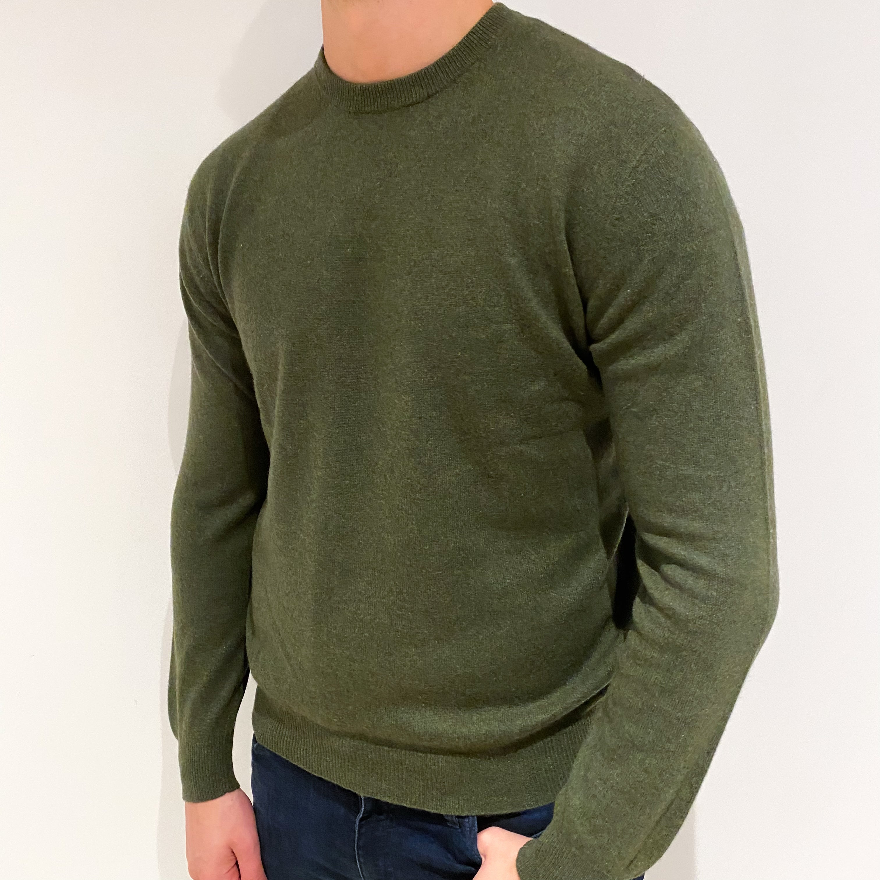 Men's Deep Khaki Green Cashmere Crew Neck Jumper XL