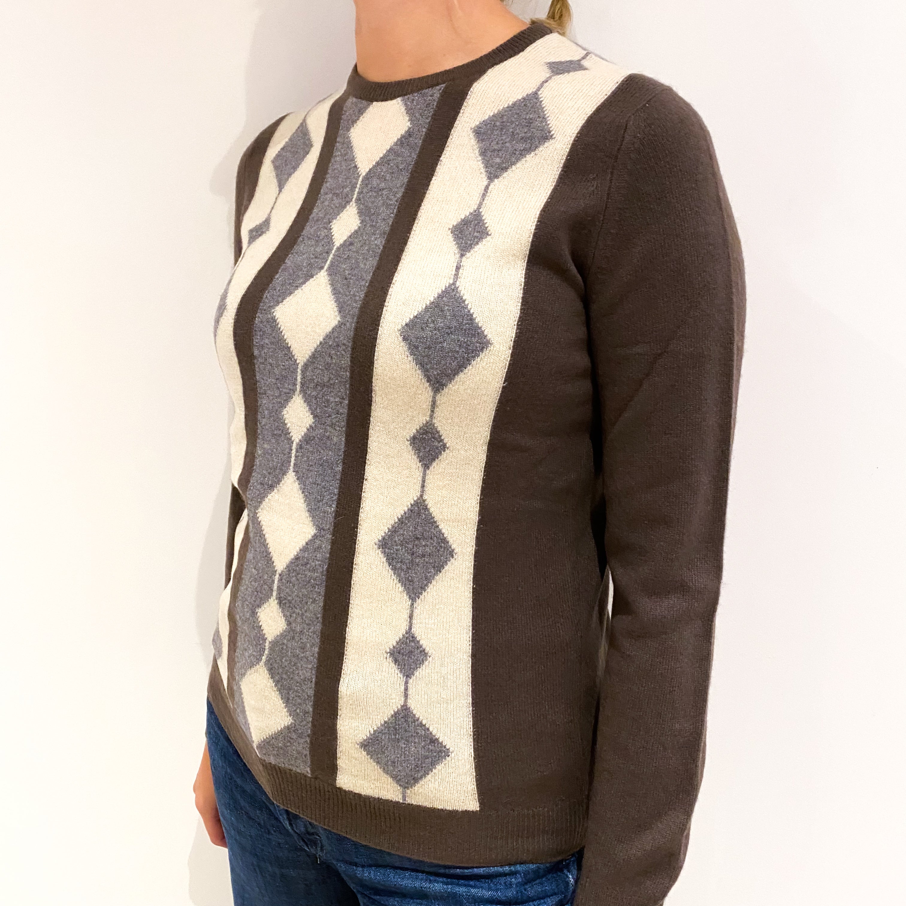 Vintage Jaeger Brown Diamond Cashmere Crew Neck Jumper Small