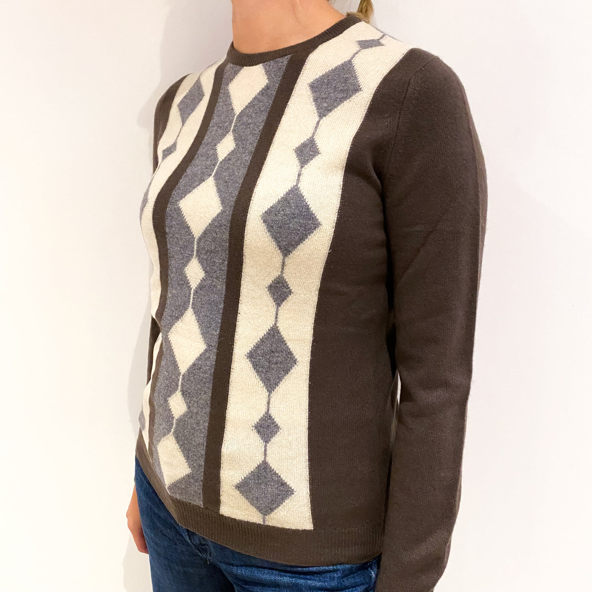 Vintage Jaeger Brown Diamond Cashmere Crew Neck Jumper Small