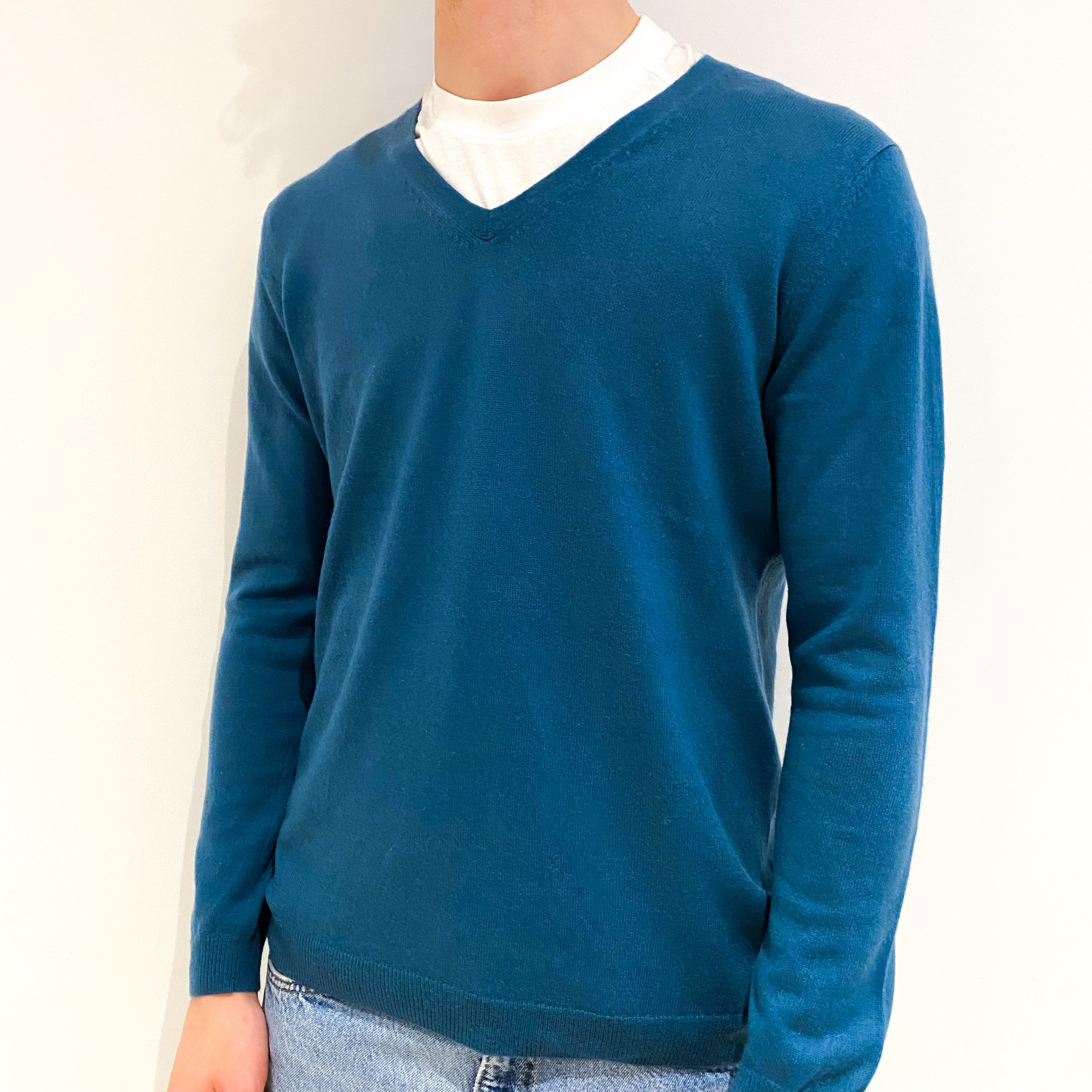 Men's Petrol Blue Cashmere V-Neck Jumper Large