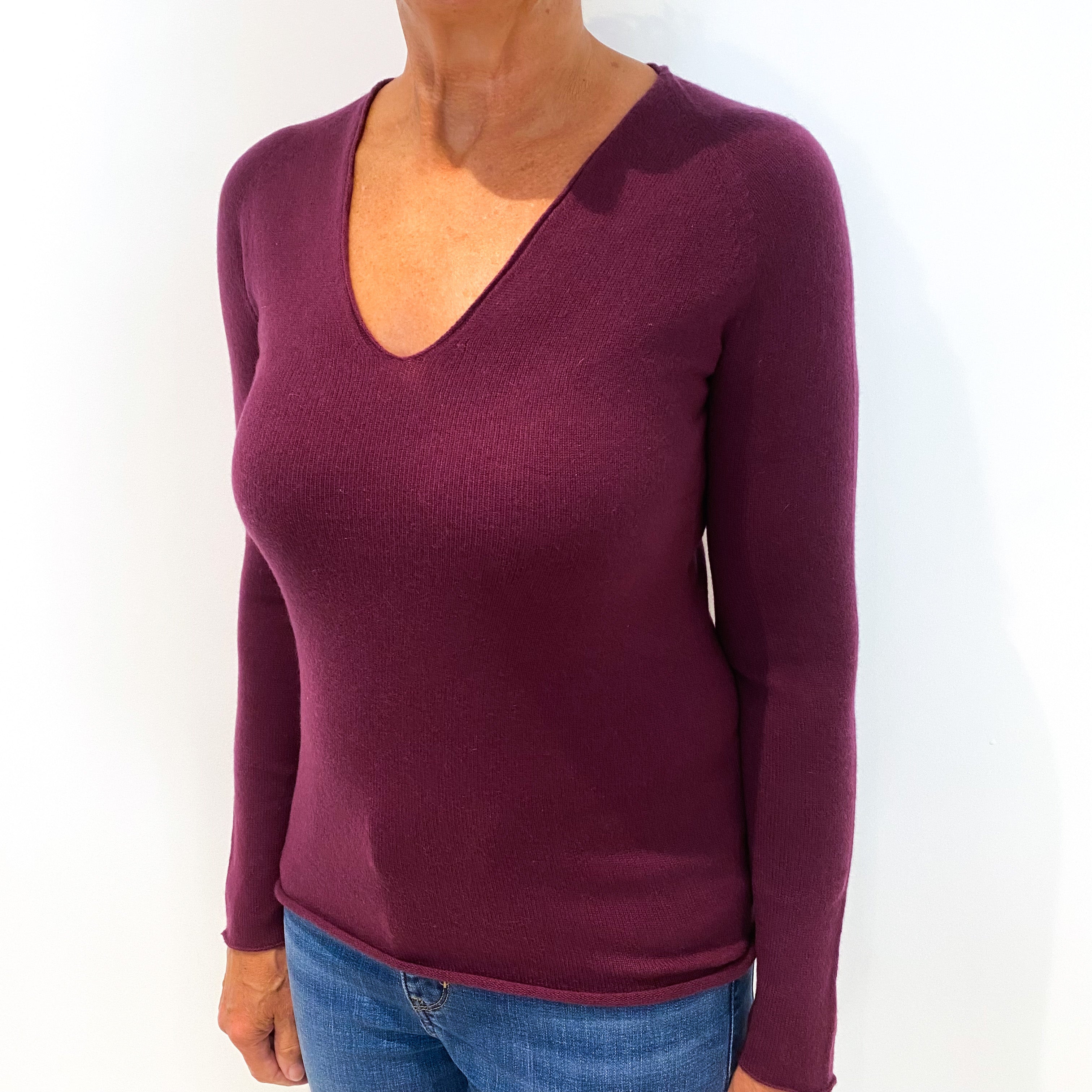 Plum Purple Cashmere V-Neck Jumper Medium