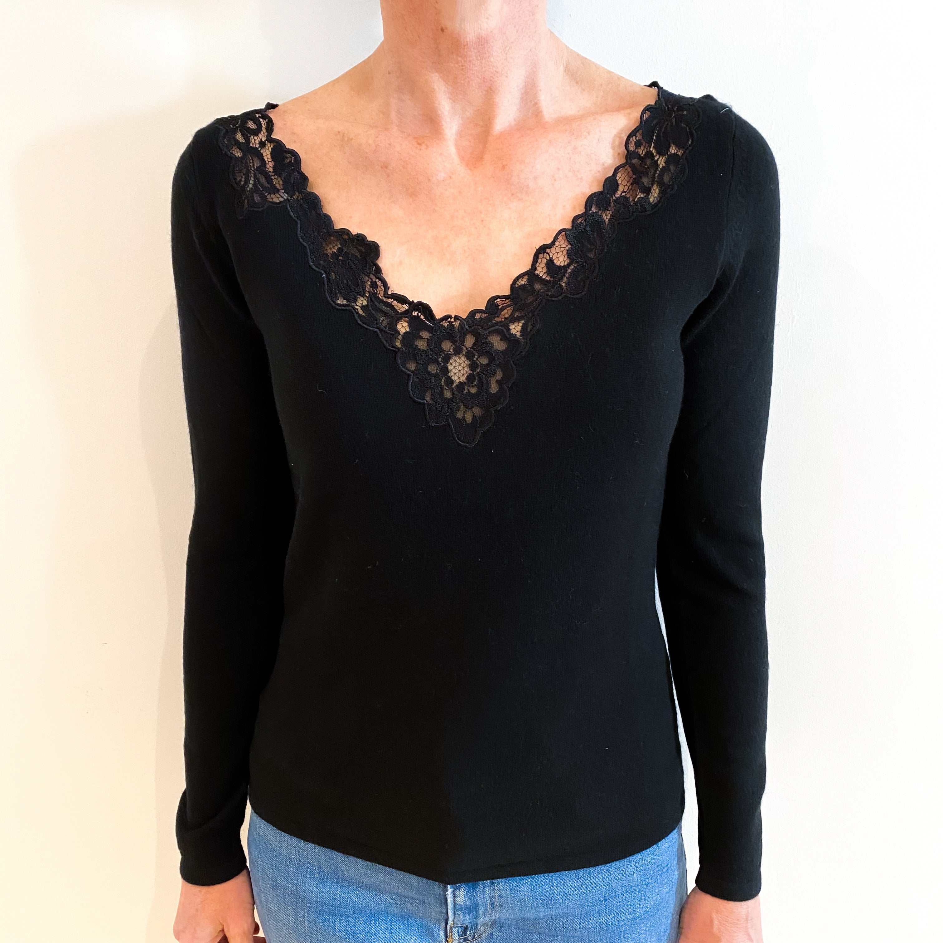 Black Cashmere Lace Trimmed V Neck Jumper Small