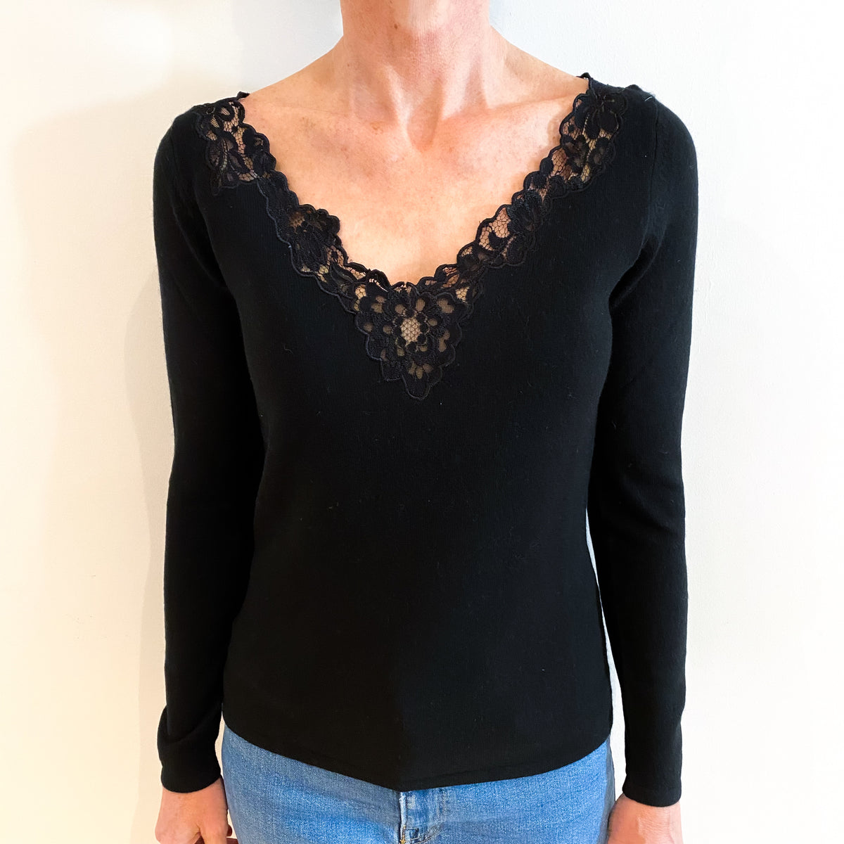 Black Cashmere Lace Trimmed V Neck Jumper Small
